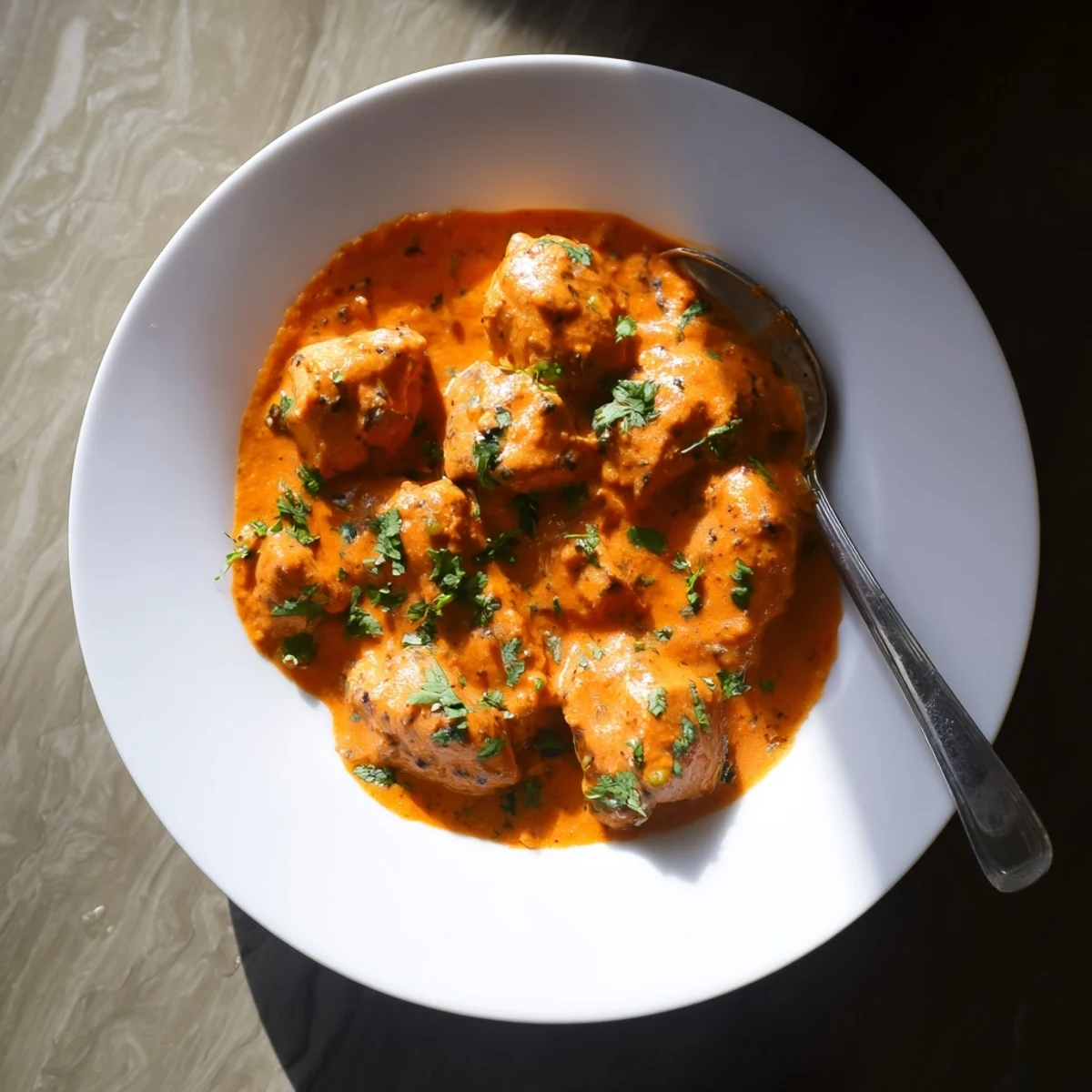 Close-up of homemade butter chicken, highlighting the creamy texture and vibrant spices, perfect for a quick weeknight Indian-inspired dinner.