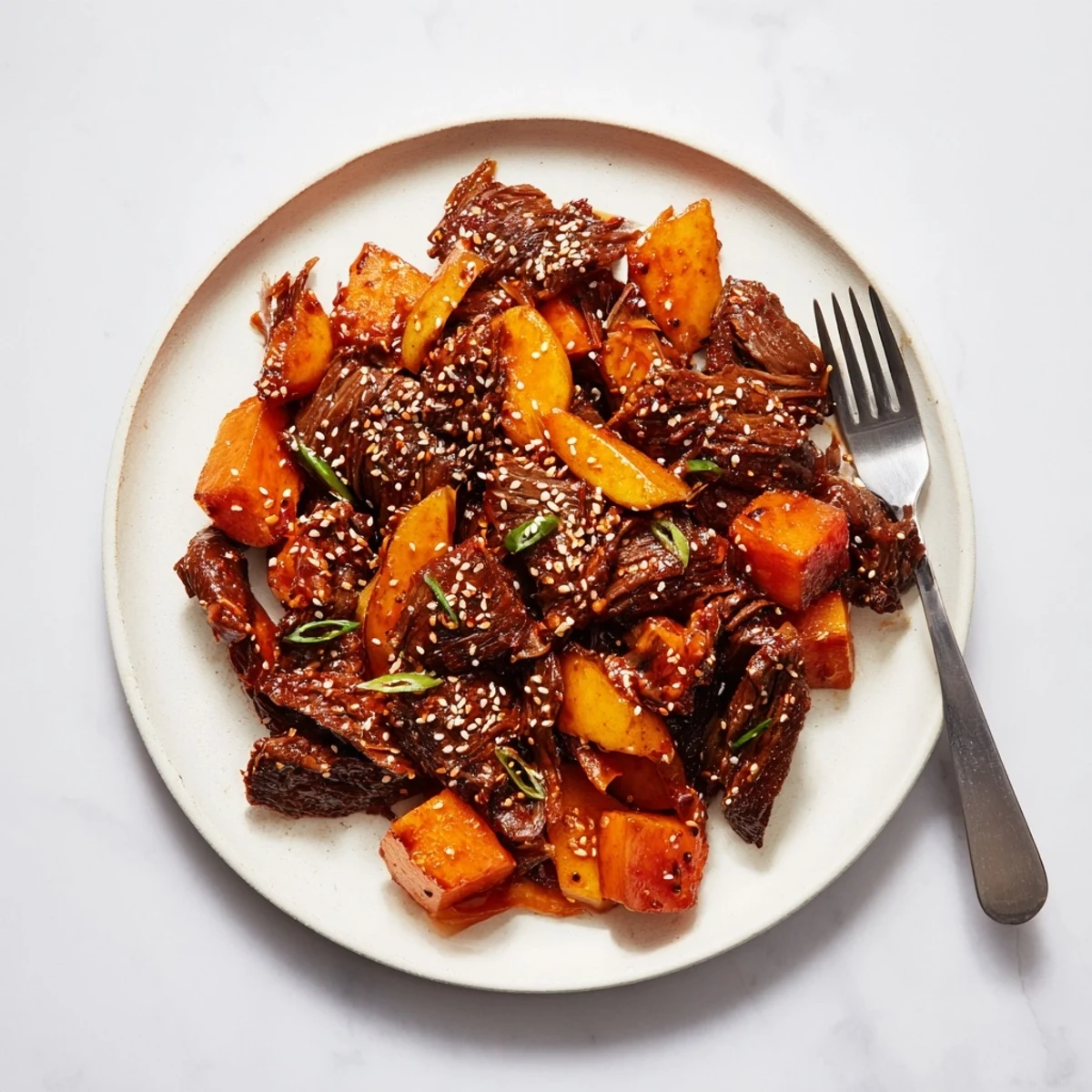 A close-up of Korean Style Pot Roast with tender shredded beef glistening in savory sauce, carrots and daikon on the side.