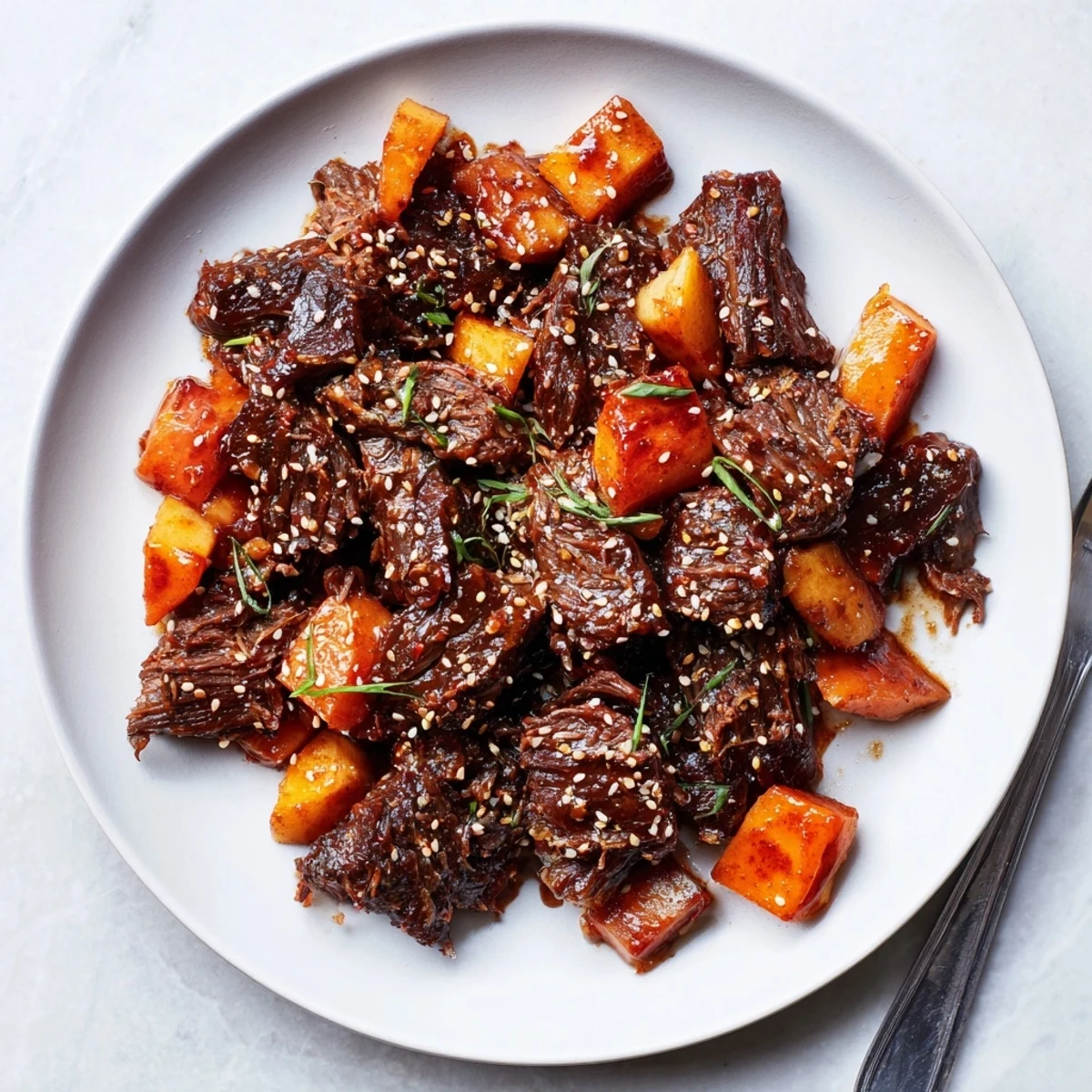 Served Korean Style Pot Roast on a platter with carrots and daikon, garnished with sesame seeds and fresh scallions.