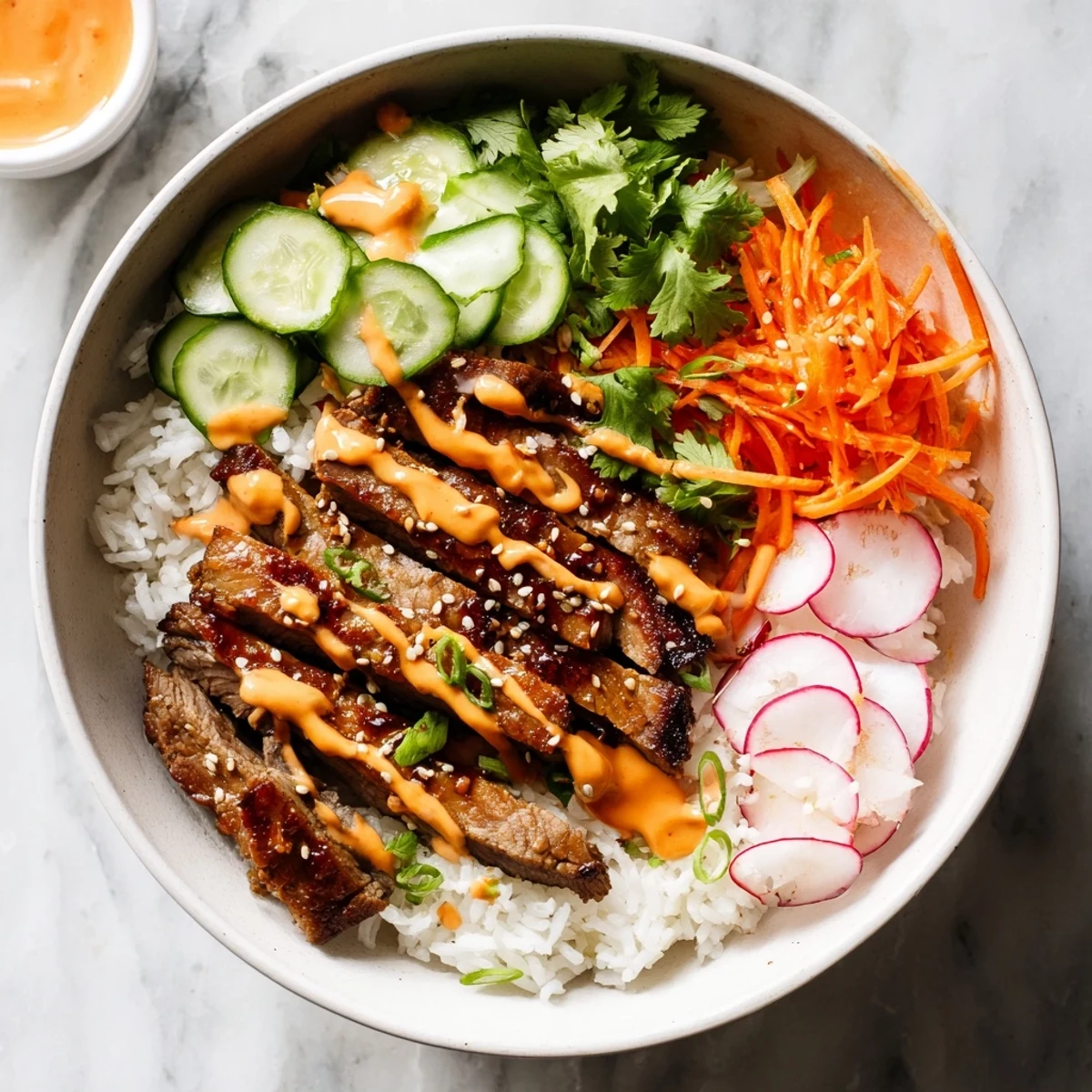 Irresistibly Easy Korean BBQ Steak Rice Bowls feature caramelized beef and vibrant veggies for a satisfying meal.