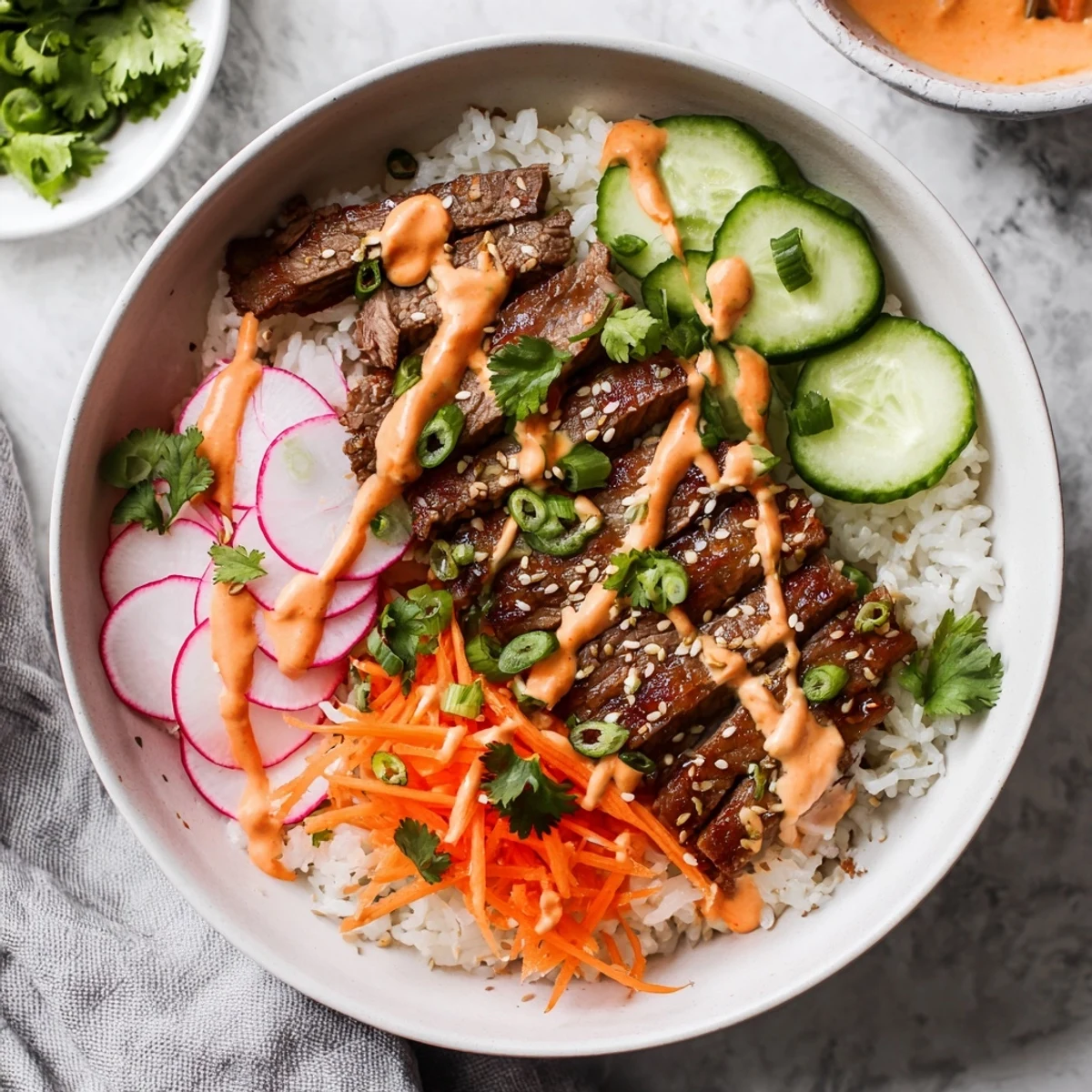 Fluffy rice topped with tender Korean BBQ steak slices, crisp carrots, cucumber, and spicy creamy sauce.