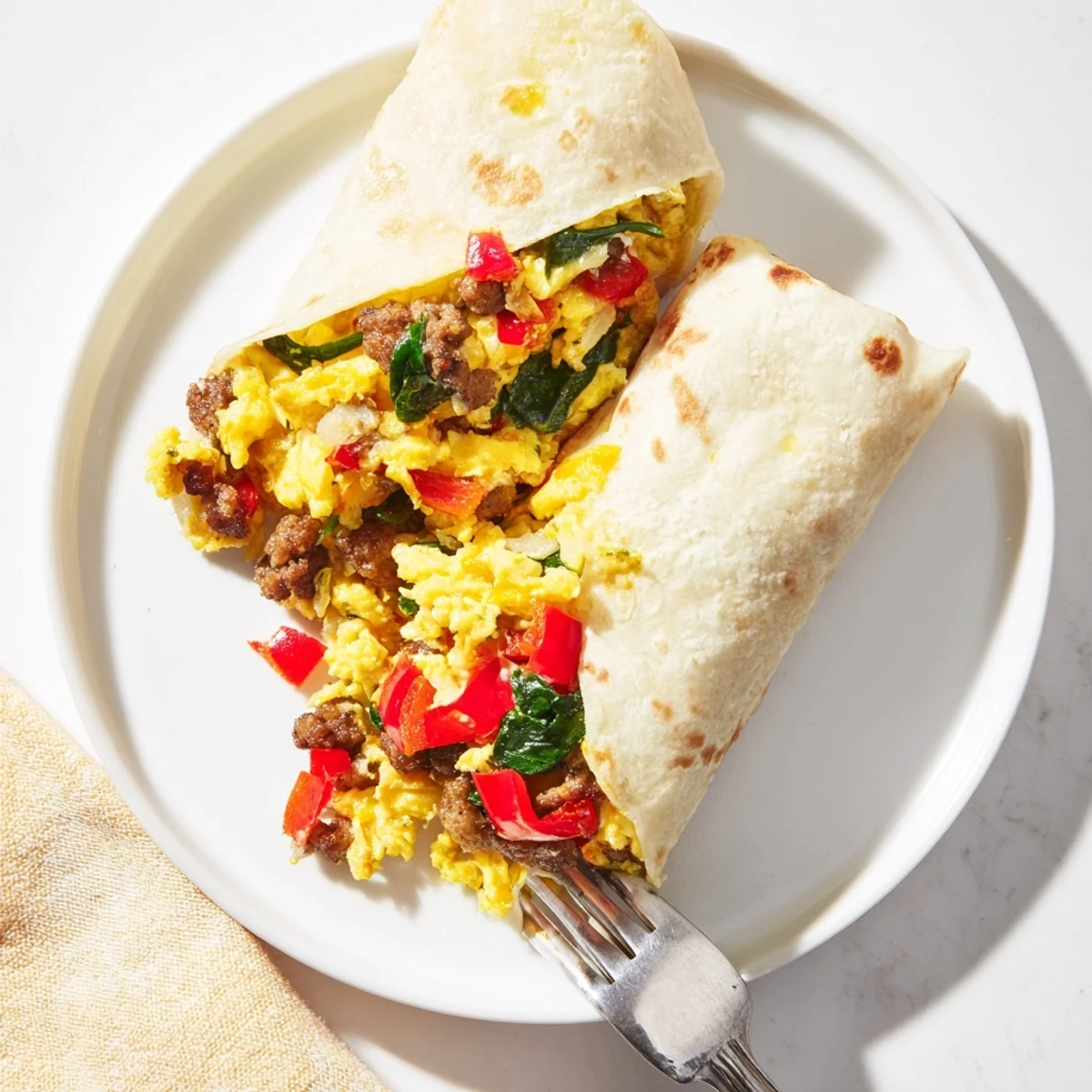 Homemade breakfast burritos stuffed with sausage, vegetables, and cheddar ready for freezing