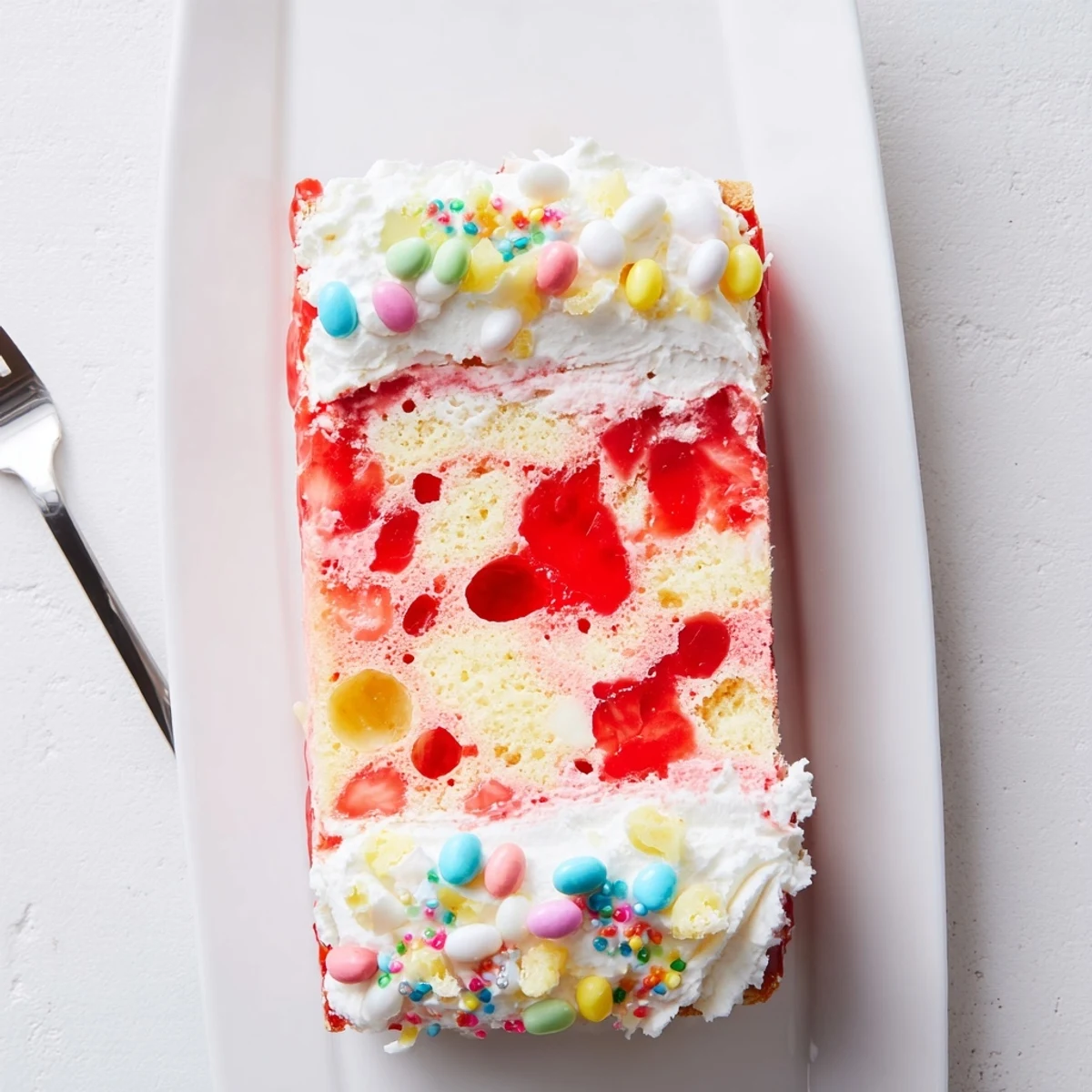 Festive Easter poke cake featuring strawberry and lemon gelatin infused into moist vanilla layers