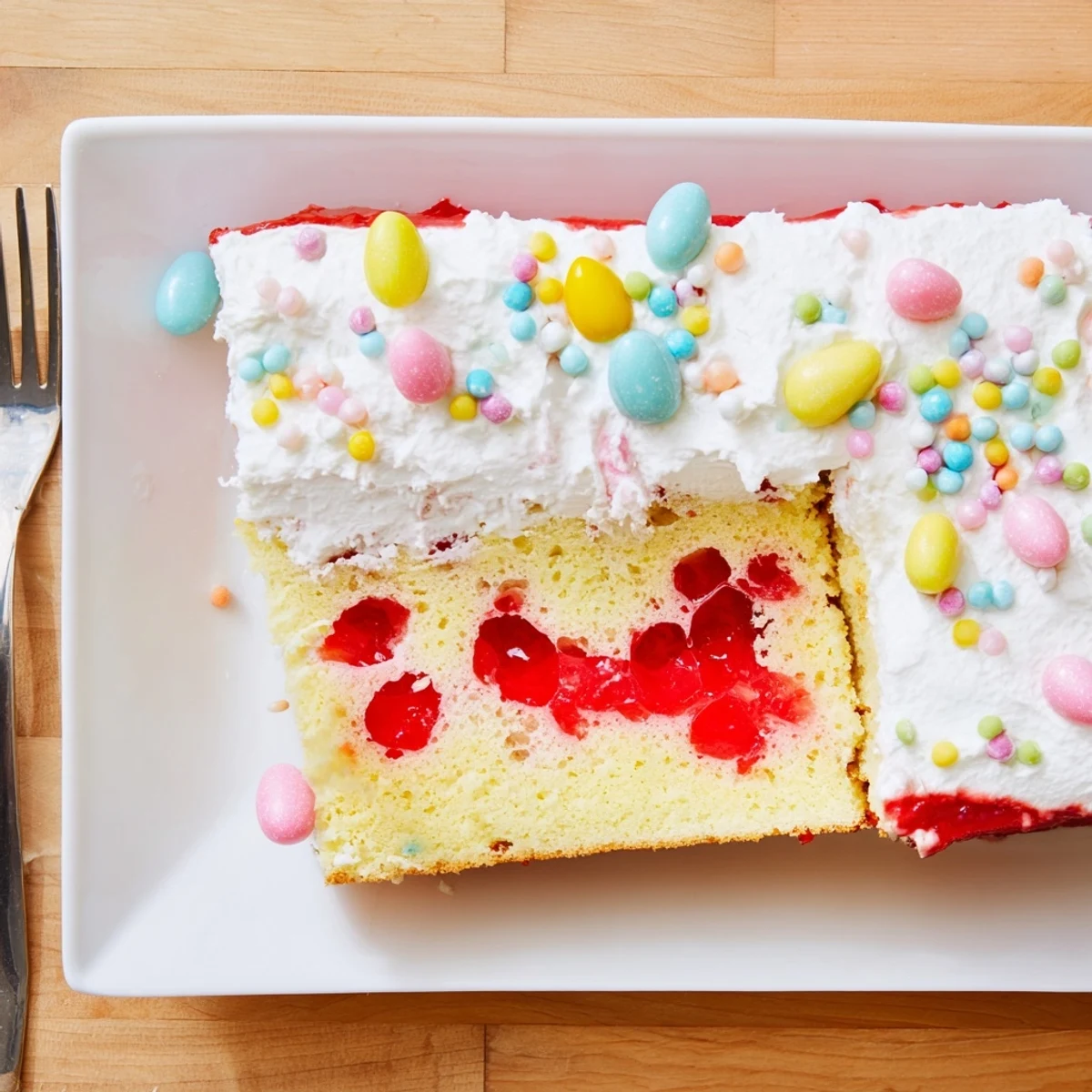 Golden vanilla Easter poke cake topped with fluffy whipped cream and colorful pastel sprinkles