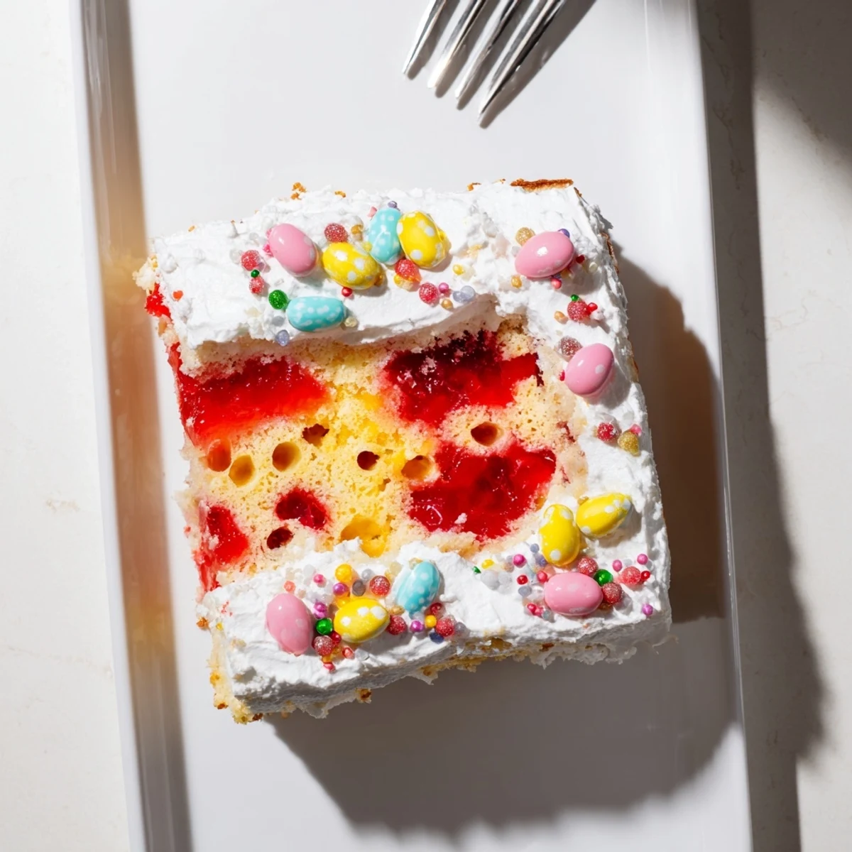 Creamy whipped frosting adorns this vibrant Easter poke cake with fruity gelatin swirls and sprinkles