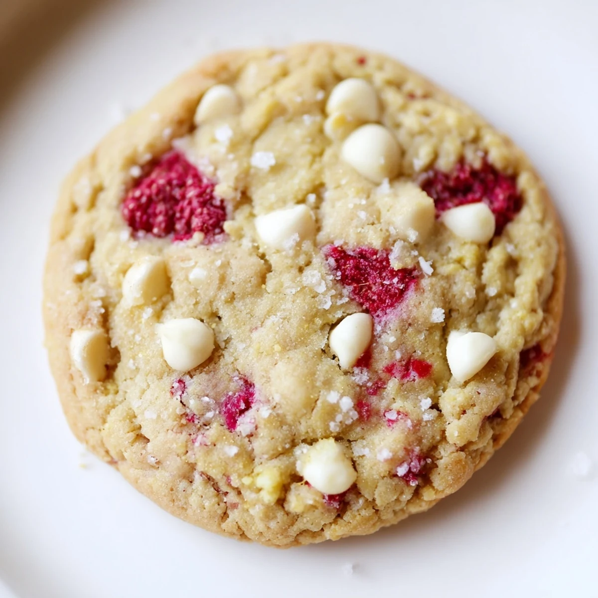 Golden baked lemon raspberry cookies topped with coarse sugar and raspberries