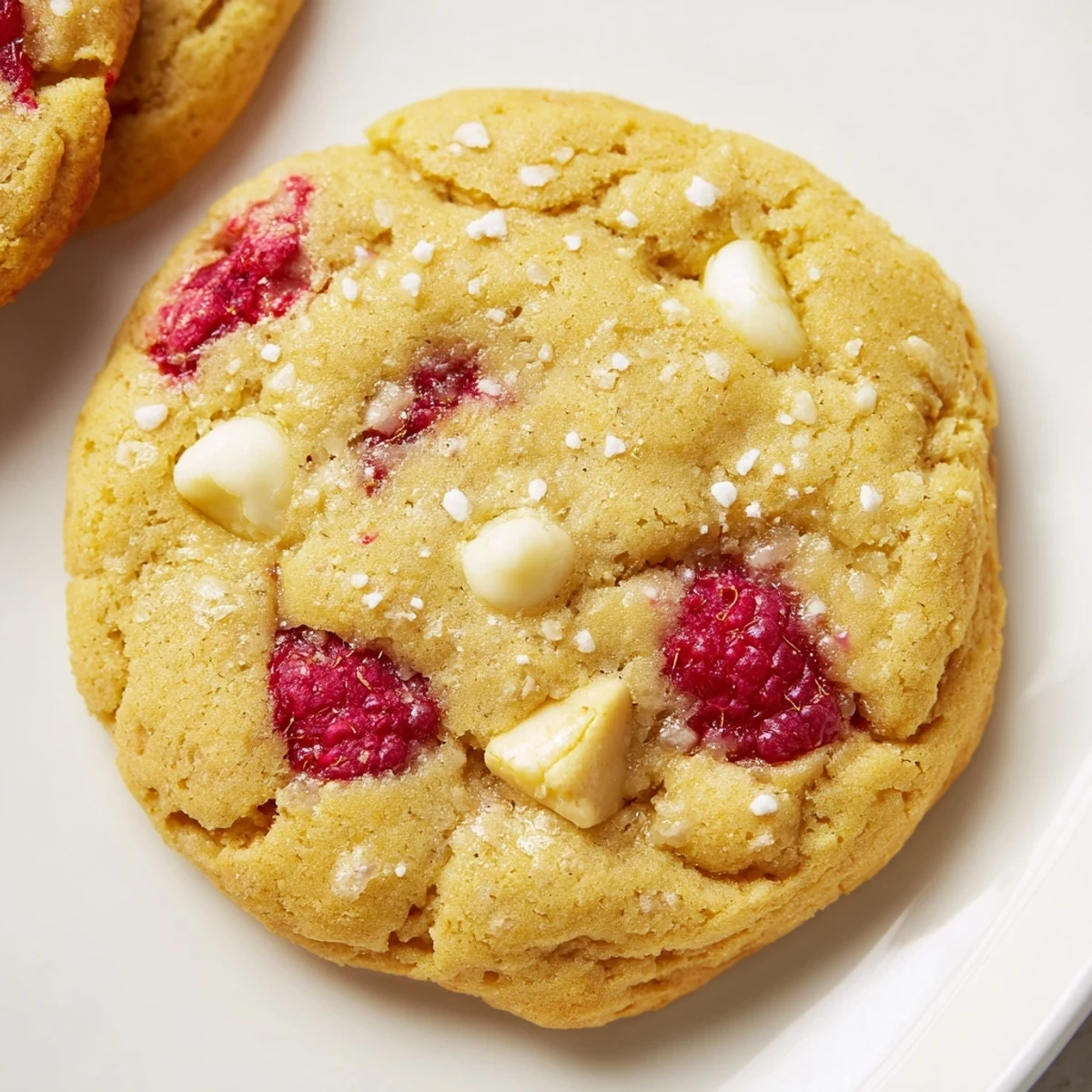 Plate of zesty lemon raspberry cookies with white chocolate chips scattered