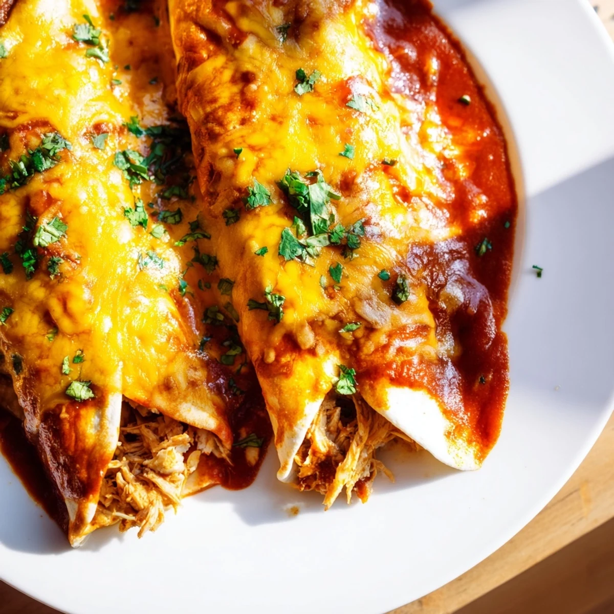 Golden chicken enchiladas bubbling with melted cheese and zesty red sauce in a baking dish