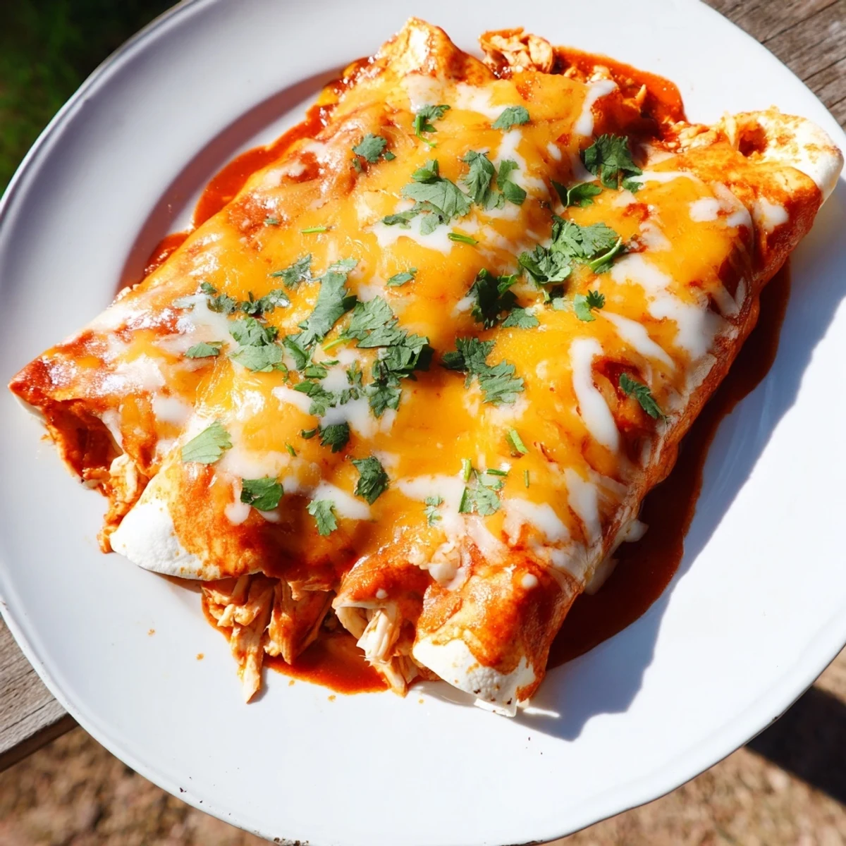 Tender shredded chicken wrapped in soft flour tortillas smothered in enchilada sauce and topped with cheddar