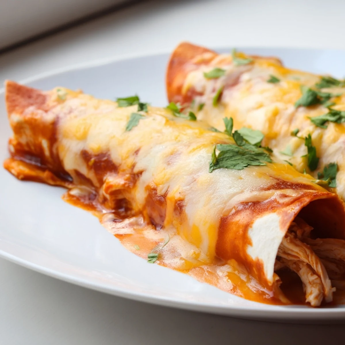 Chicken enchiladas fresh from the oven garnished with cilantro and served with sour cream on the side