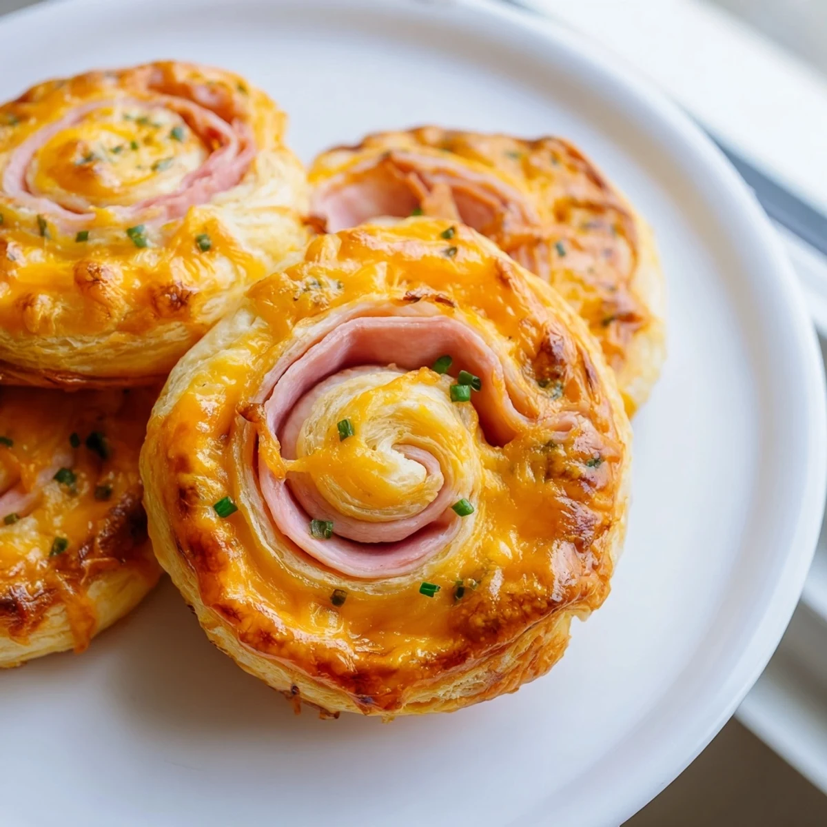 Golden brown Easter Ham Cheddar Pinwheels on a white serving platter