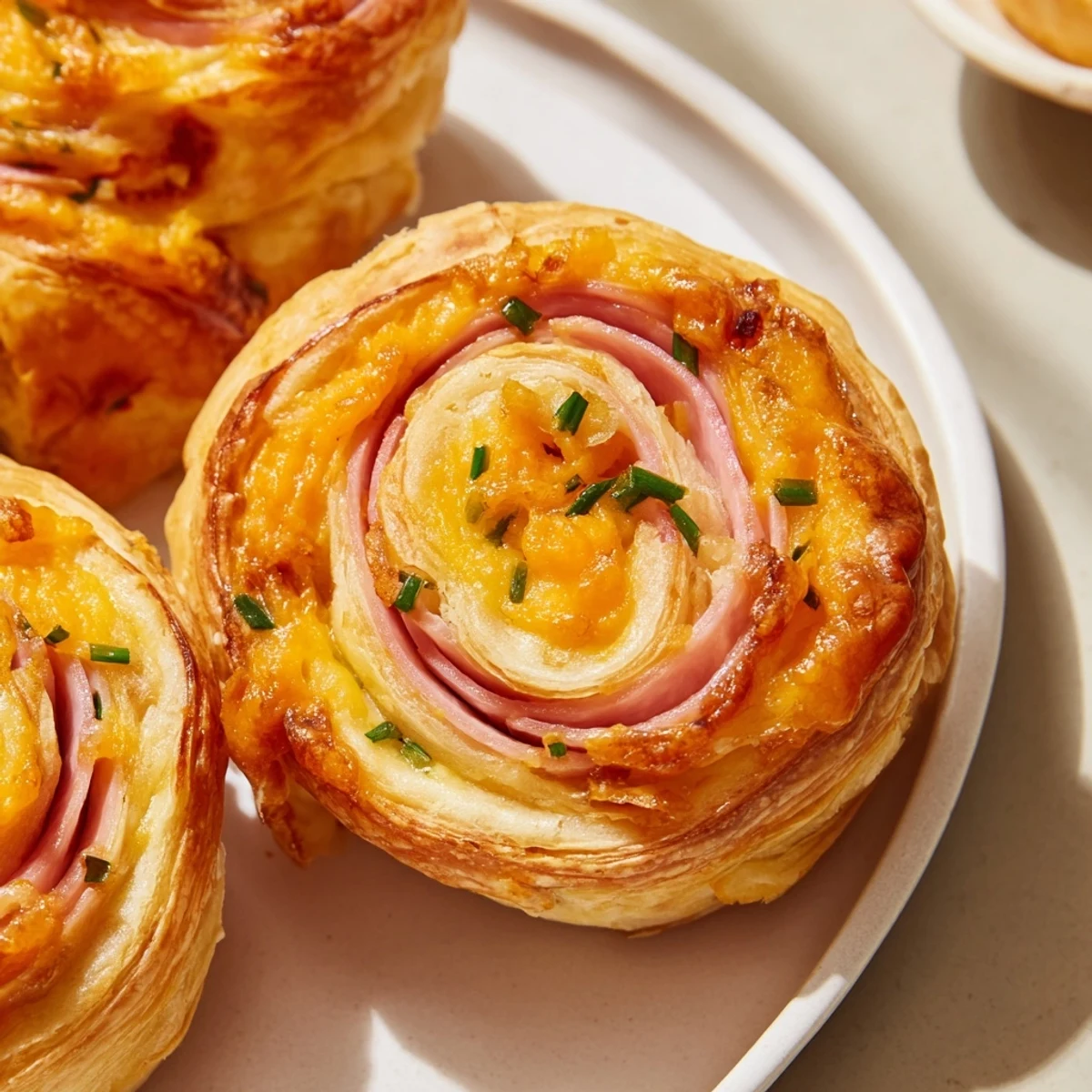 Flaky pastry spirals filled with melted cheddar and smoky ham slices