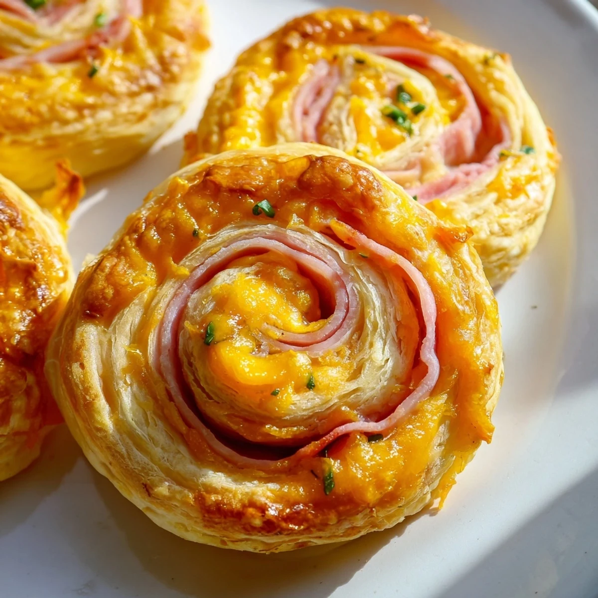 Close-up view of baked pinwheel appetizers with visible herb speckles