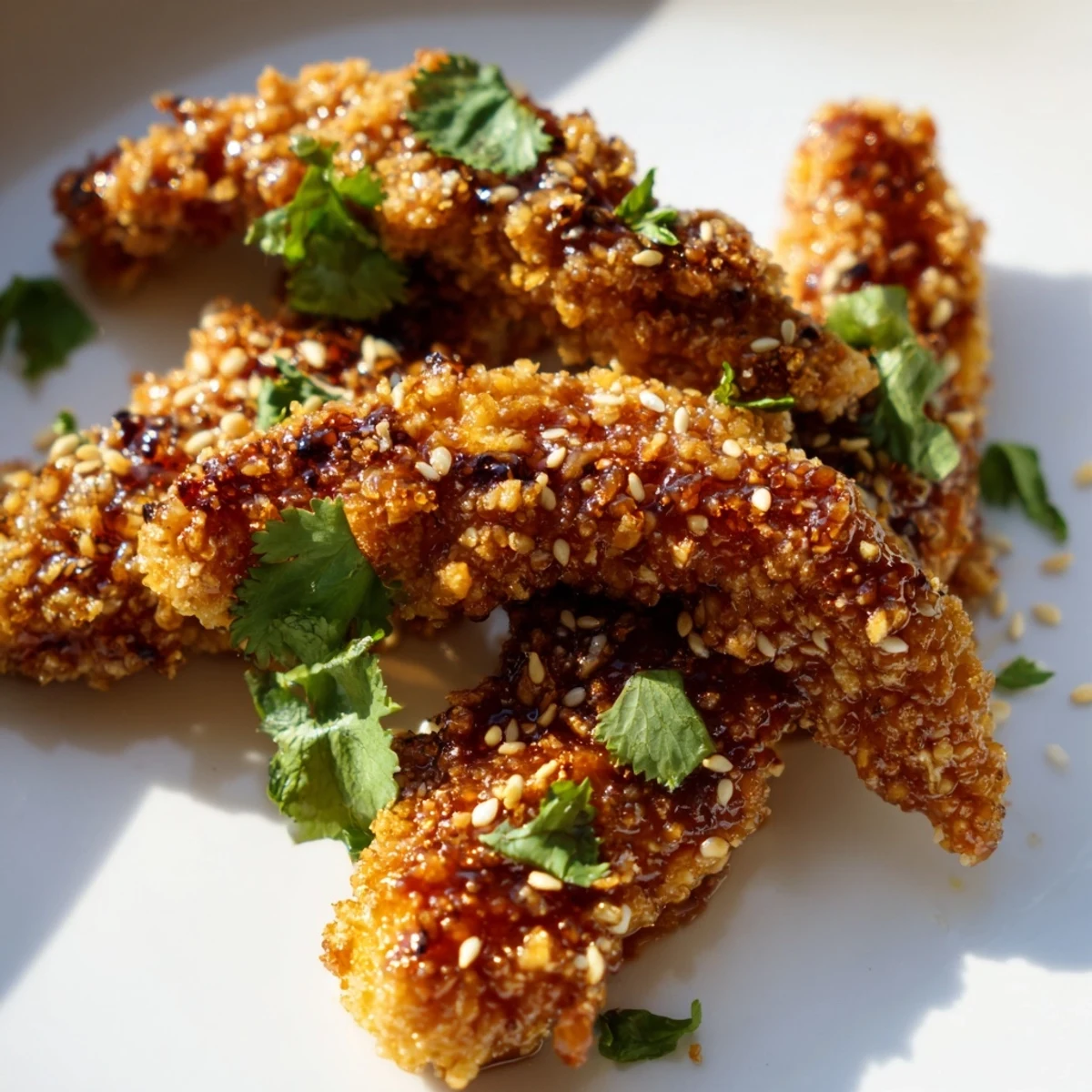 Golden crispy Thai sticky chicken fingers glazed in sweet spicy red sauce topped with fresh cilantro and sesame seeds