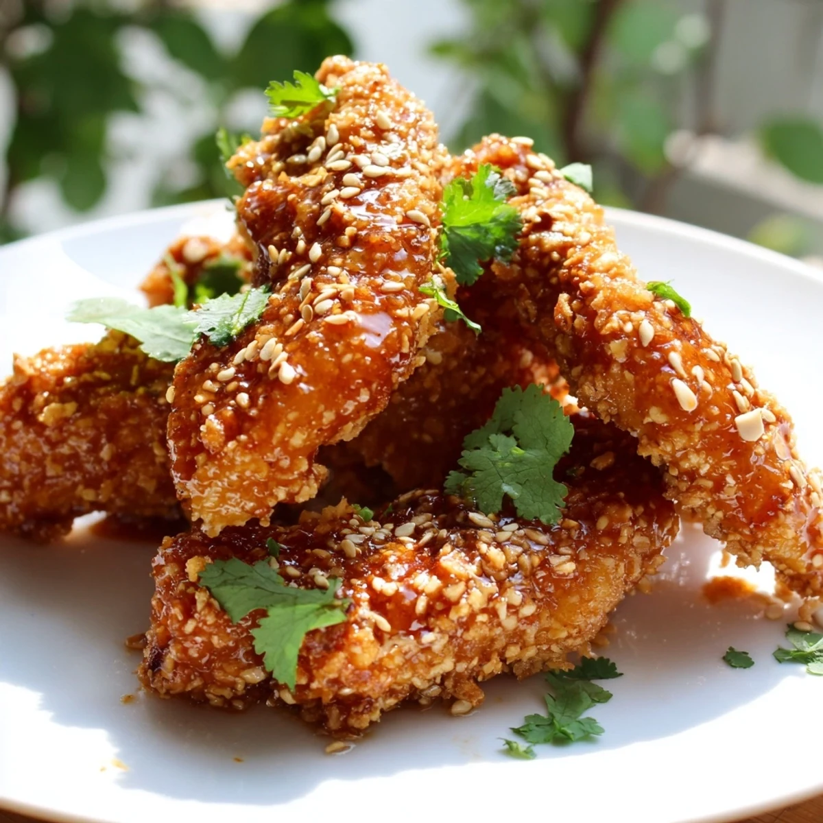 Platter of glossy Thai sticky chicken fingers garnished with chopped herbs and served with lime wedges