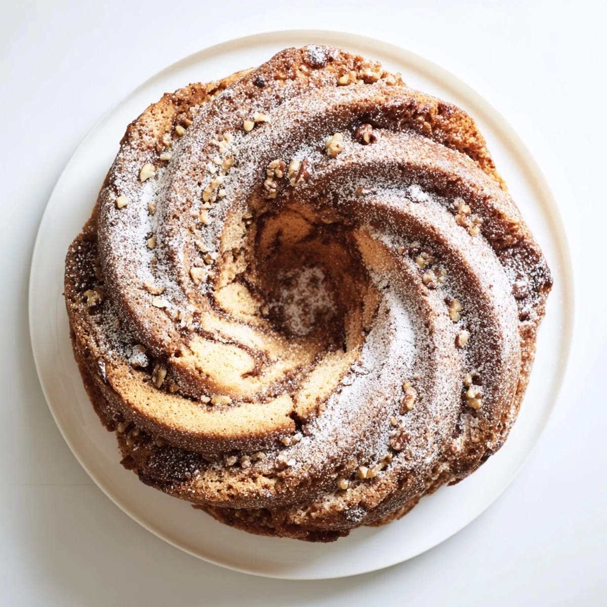 Golden breakfast Bundt coffee cake with cinnamon swirl and dusted powdered sugar topping