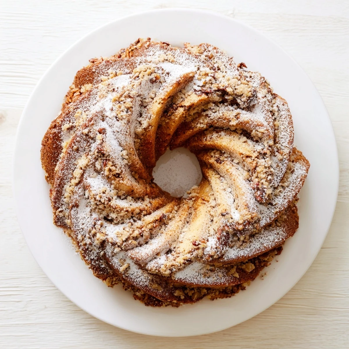 Fluffy breakfast Bundt coffee cake with ribbons of brown sugar cinnamon and pecans