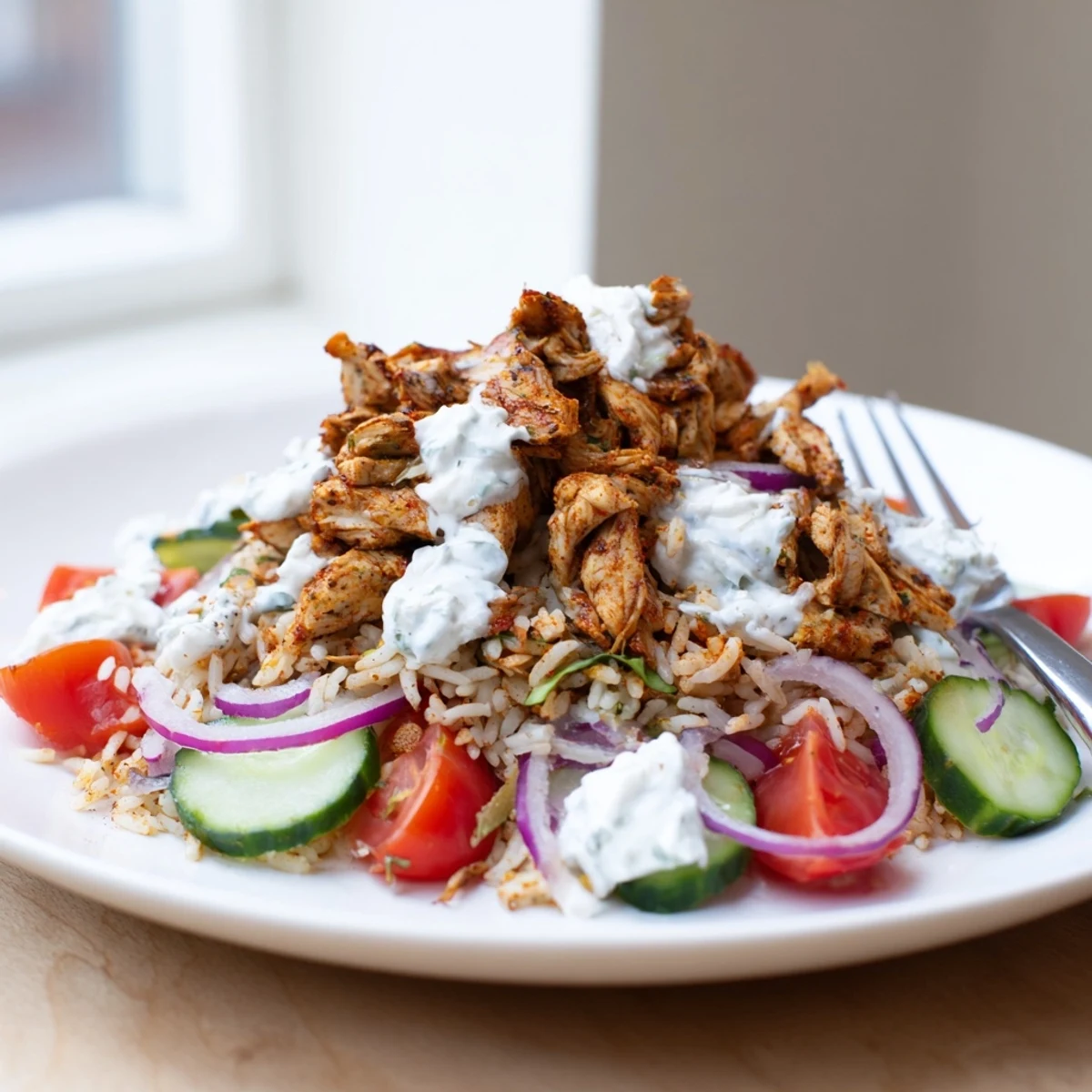 Vibrant Middle Eastern-style bowl featuring tender spiced chicken and crispy rice tossed with colorful vegetables for chicken shawarma crispy rice salad