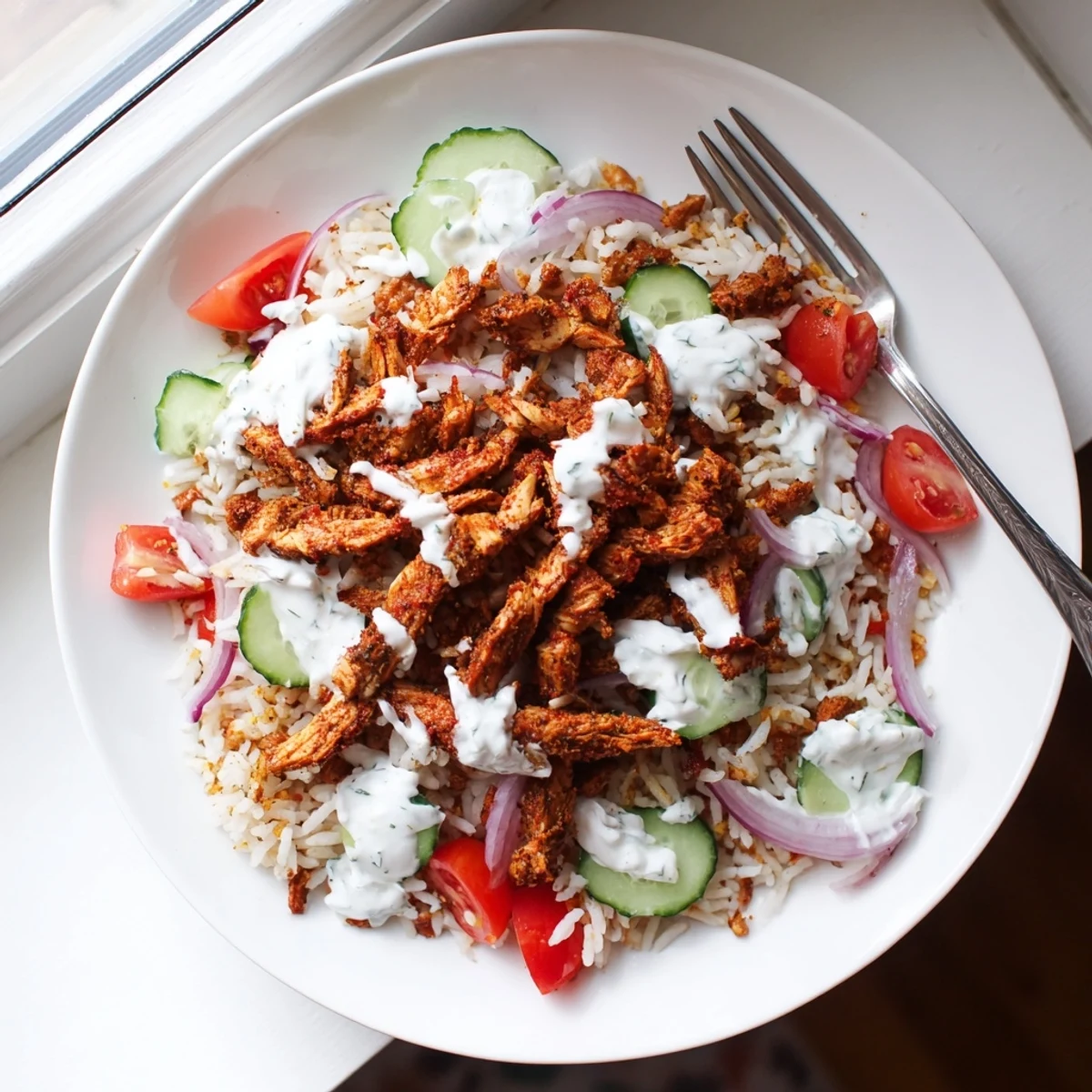 Golden spiced chicken strips served over crispy basmati rice with fresh cucumber and tomatoes in this chicken shawarma crispy rice salad