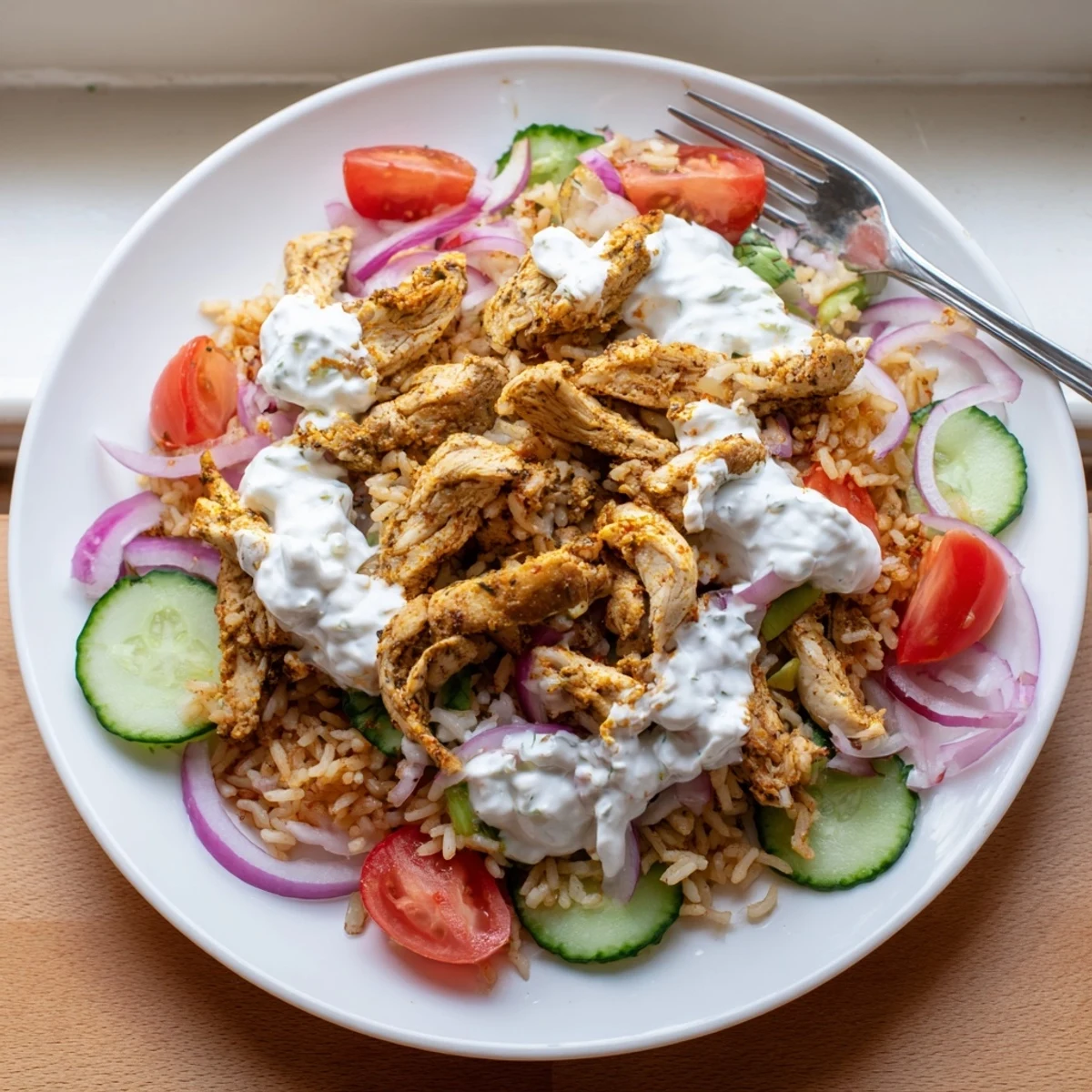 Savory chicken shawarma meets crispy golden rice and crunchy veggies in this satisfying main dish salad plated family-style