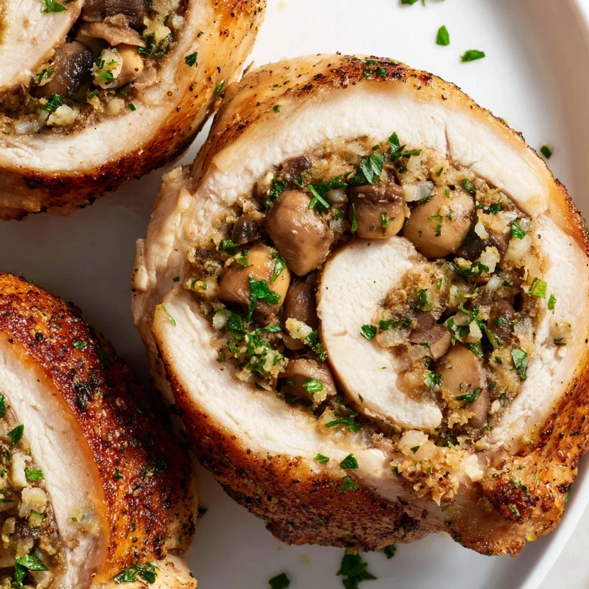 Golden seared mushroom stuffed chicken breast sliced to reveal savory herb and cheese filling on a white plate