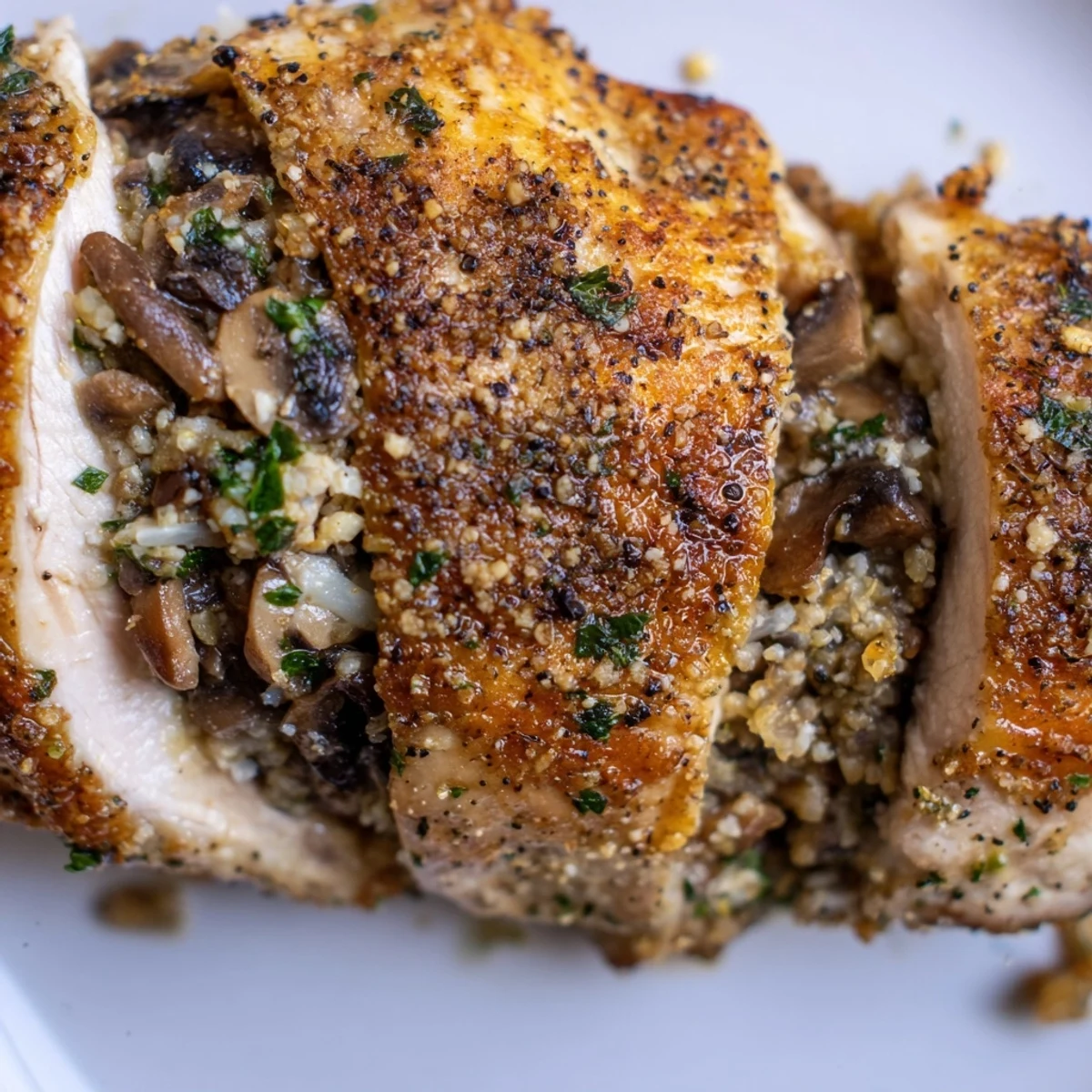 Sliced mushroom stuffed chicken breast showcasing the moist mushroom and cheese stuffed interior on a rustic wooden board