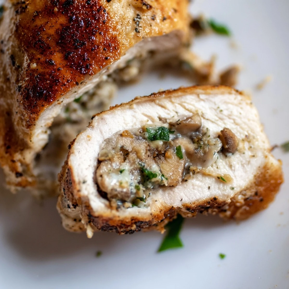 Juicy baked mushroom stuffed chicken breast with golden mushroom parmesan filling served with fresh parsley garnish