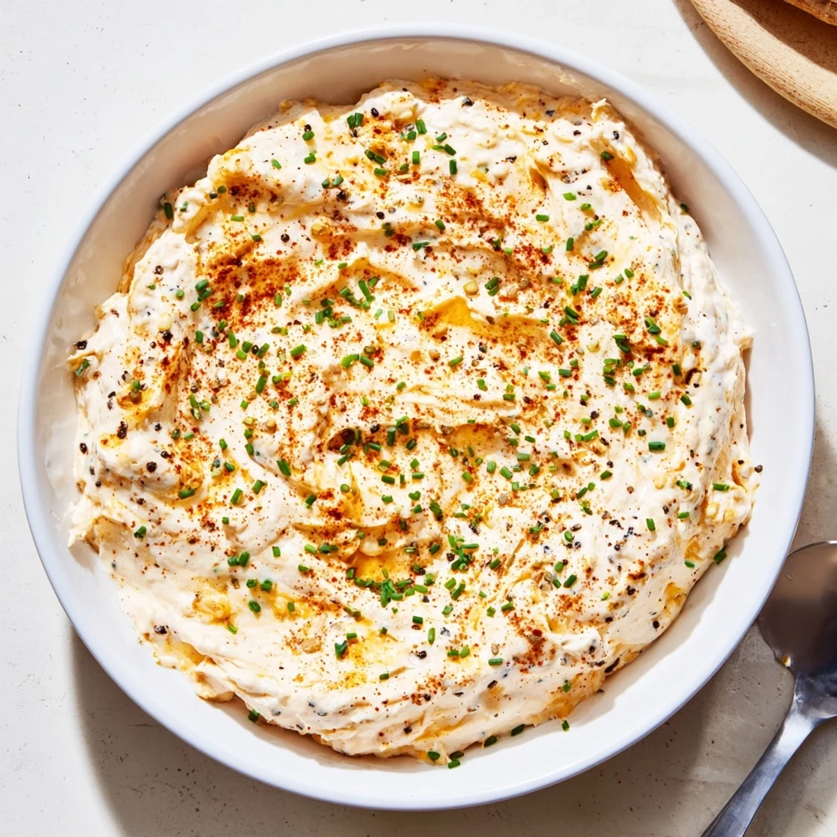 Golden cheddar savory pretzel dip in white bowl with pretzel sticks for dipping