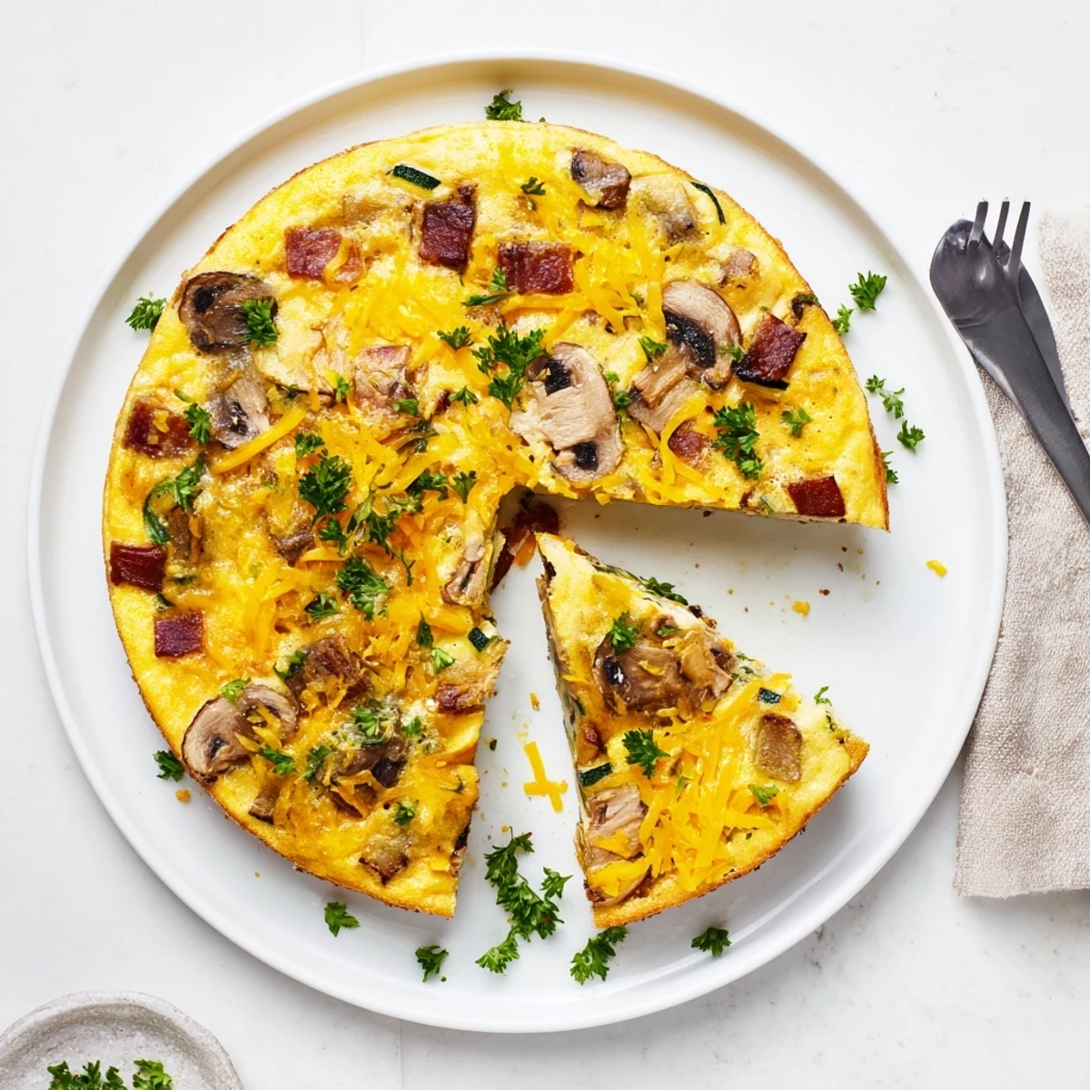 Savory baked frittata loaded with smoky bacon mushrooms and tender zucchini slices with fresh parsley