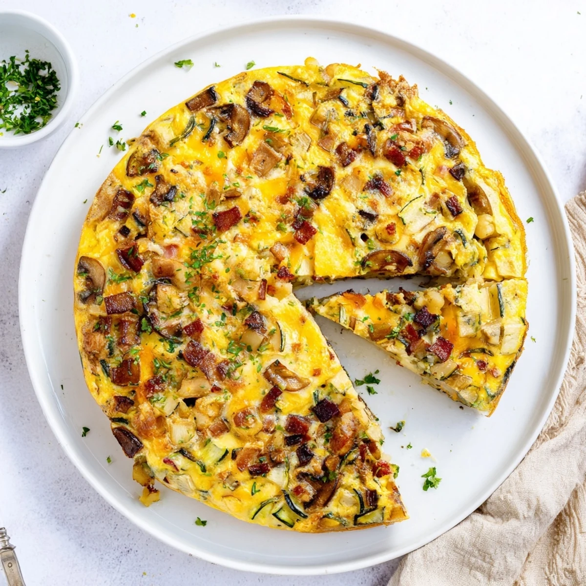 Golden mushroom zucchini and bacon family frittata served warm on a white ceramic plate