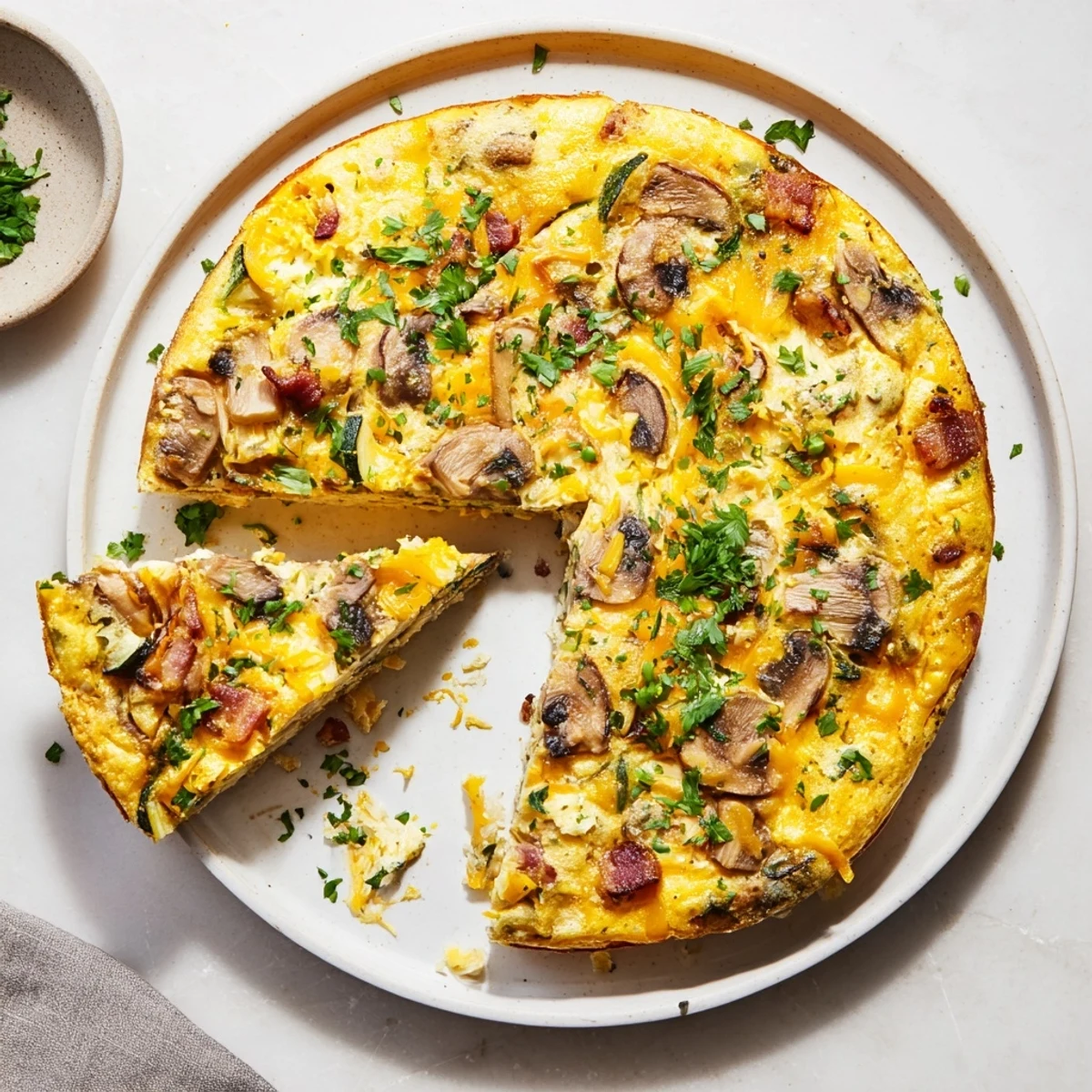 Fluffy egg breakfast casserole featuring crisp bacon and vegetables bubbling with melted cheddar cheese