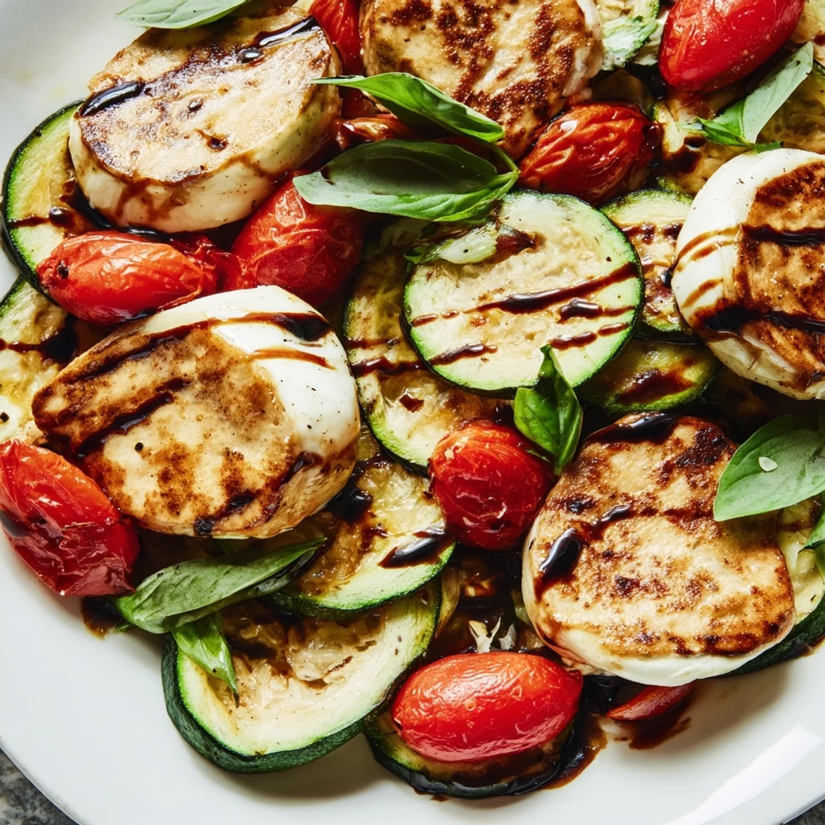 One-pan Caprese chicken zucchini skillet featuring tender chicken, fresh vegetables, and basil garnish on a rustic serving plate