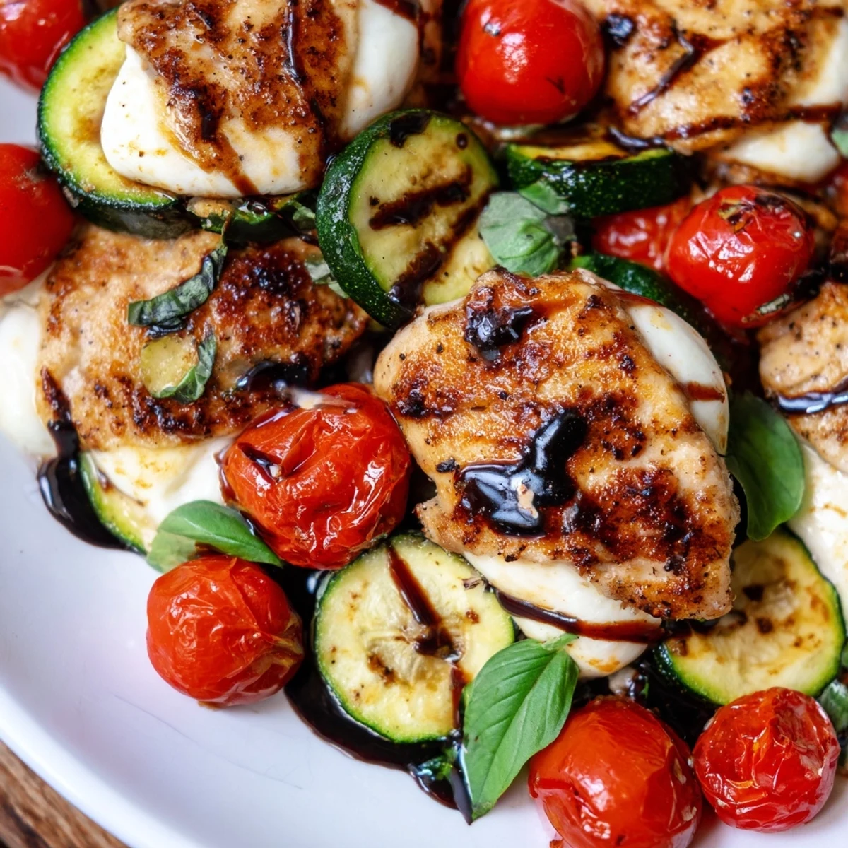 Golden seared chicken breasts atop zucchini and cherry tomatoes in a Caprese chicken zucchini skillet with melted mozzarella