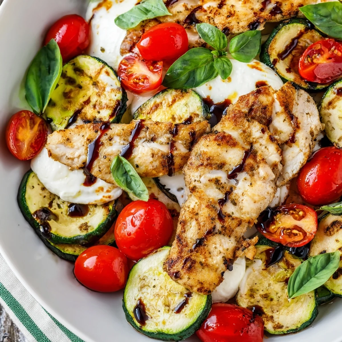 Gorgeous Caprese chicken zucchini skillet drizzled with balsamic glaze and basil leaves, showcasing melted cheese and colorful vegetables