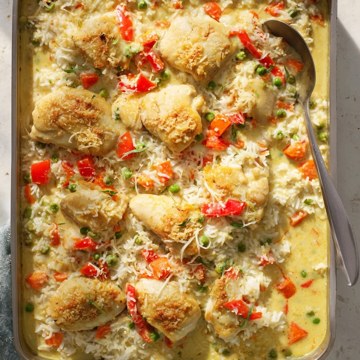 Golden baked Macau style Portuguese chicken rice with bubbling melted cheese and colorful vegetables