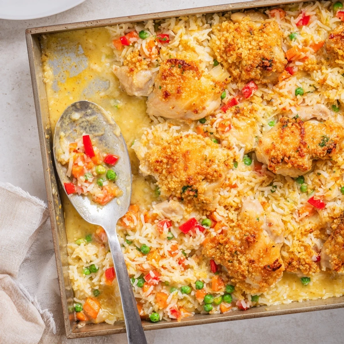 Creamy coconut curry sauce blankets tender chicken and fluffy rice in this Macau style baked Portuguese chicken rice casserole