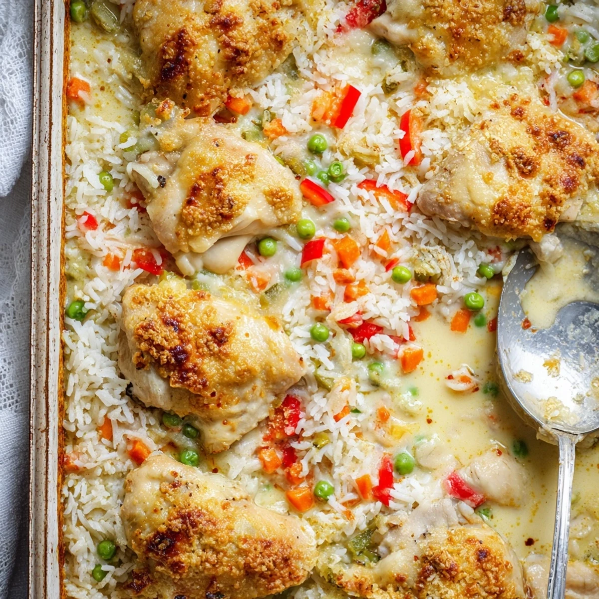 Oven-baked Macau style Portuguese chicken rice featuring golden mozzarella topping over spiced coconut sauce and fluffy grains