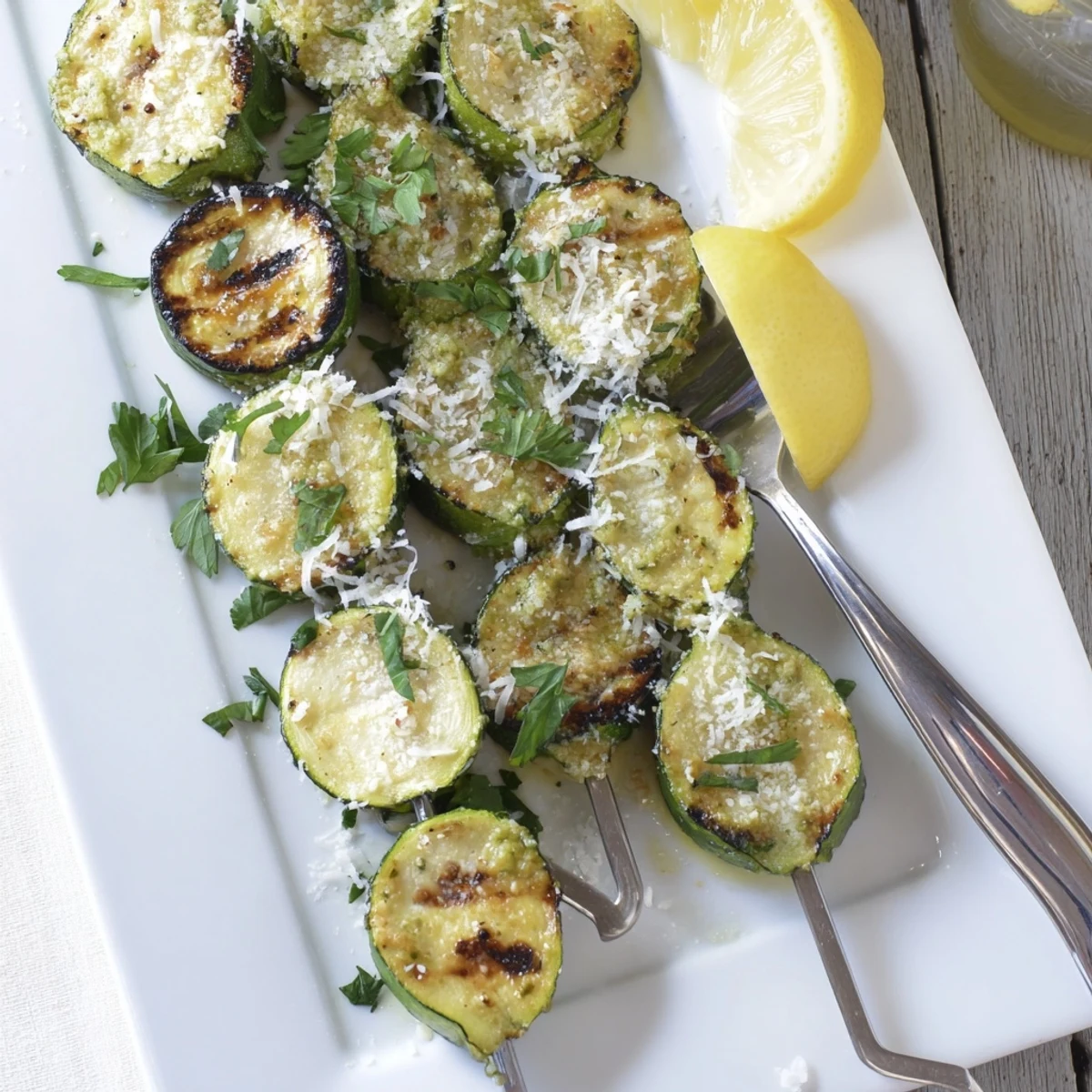 Golden brown zucchini skewers brushed with melted garlic butter and fresh parsley on a wooden board