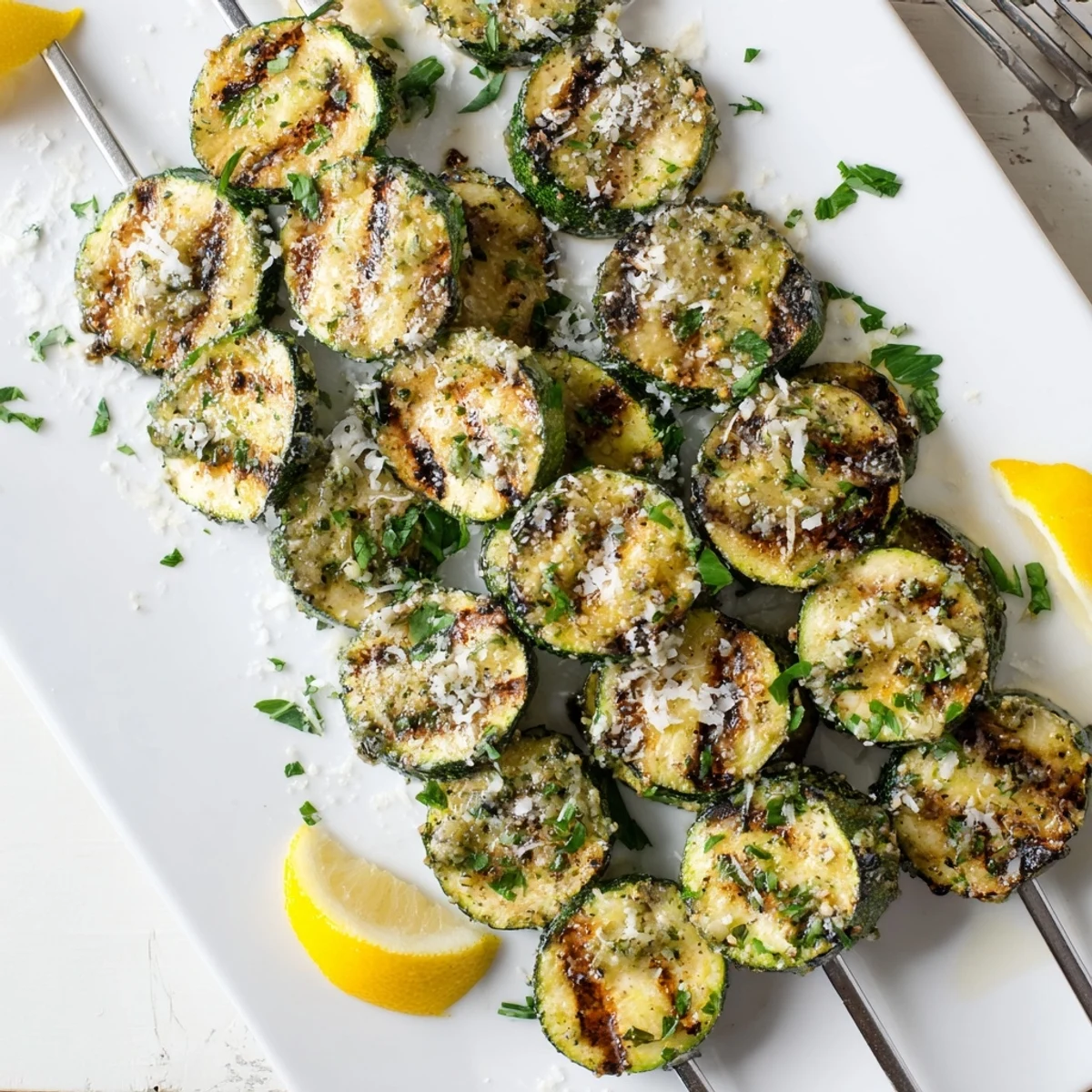 Grilled garlic butter zucchini skewers featuring charred green rounds threaded on metal skewers with herb garnish