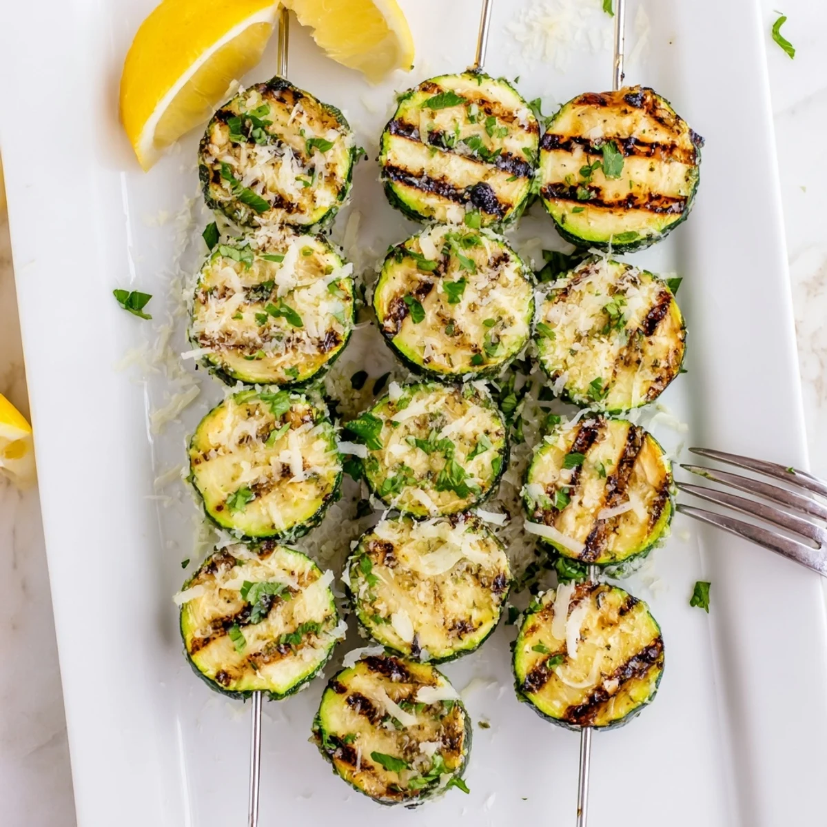 Easy garlic butter zucchini skewers sizzling on the grill with tender charred vegetable rounds and parsley