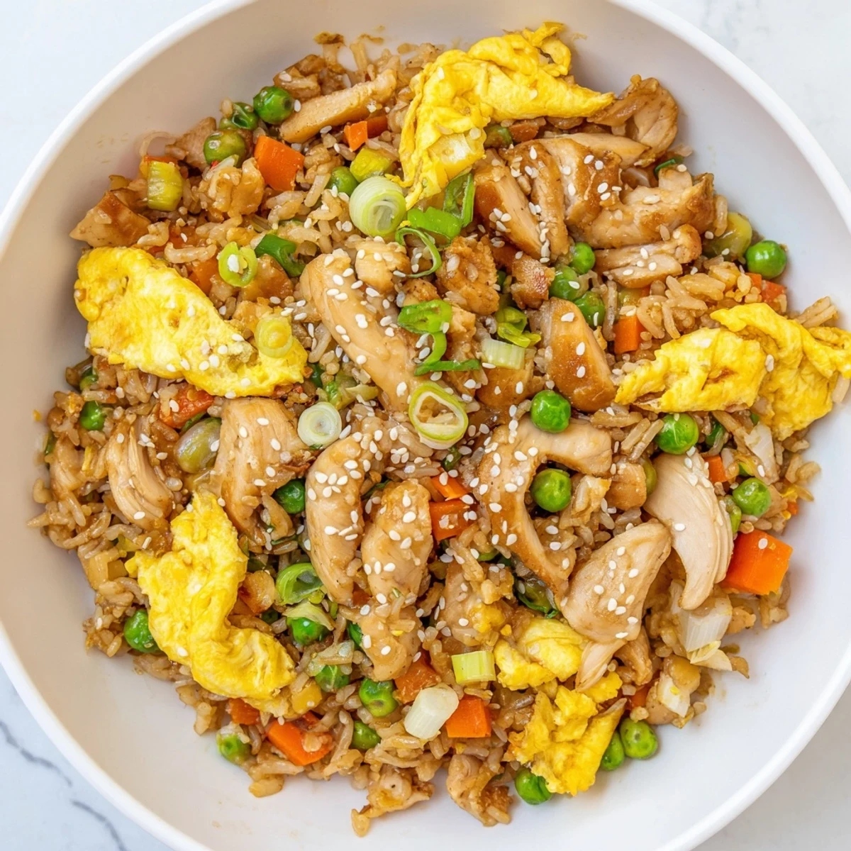 Golden chicken fried rice topped with delicate sliced egg omelette ribbons and colorful vegetables