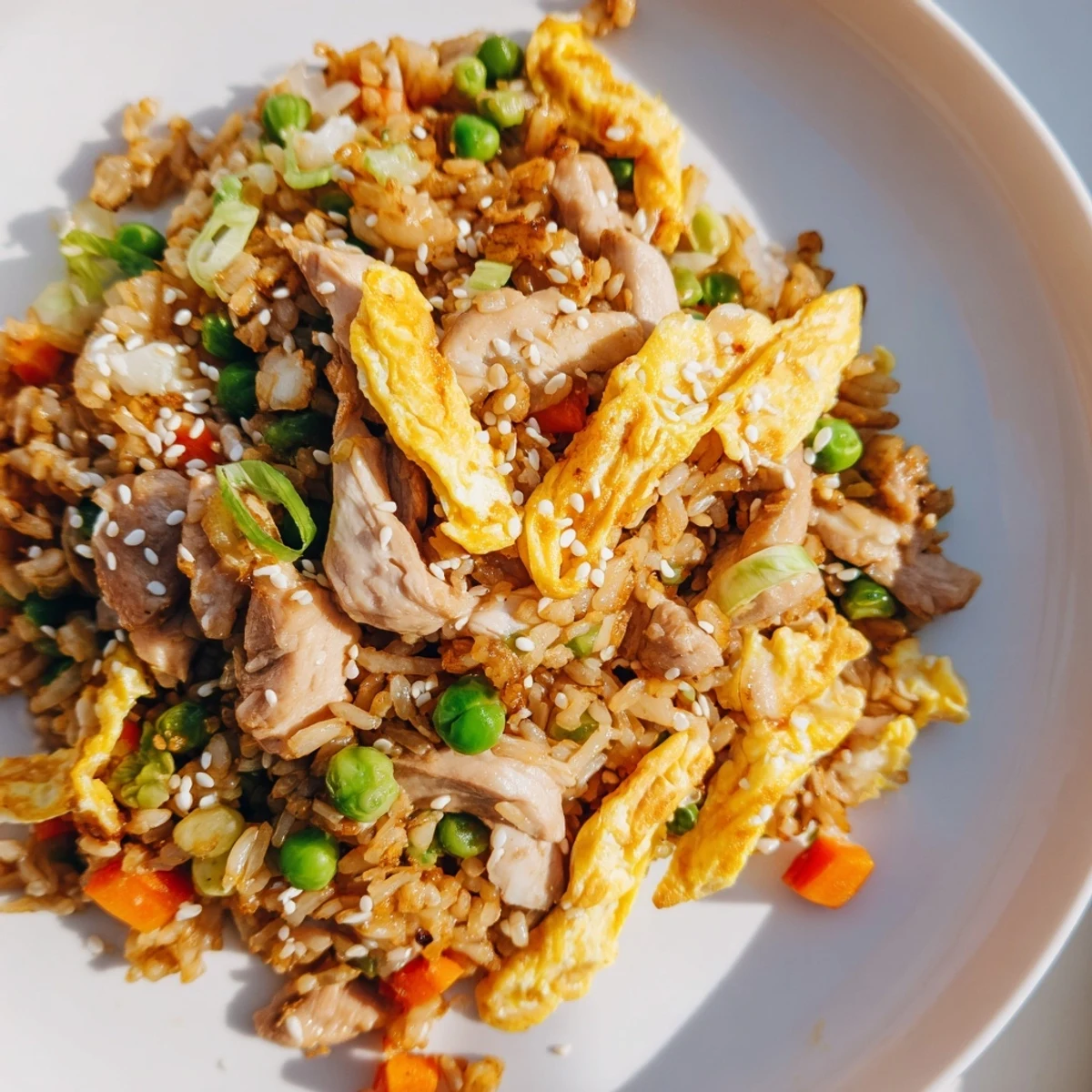 Steaming plate of chicken fried rice garnished with thin egg omelette strips and fresh scallions
