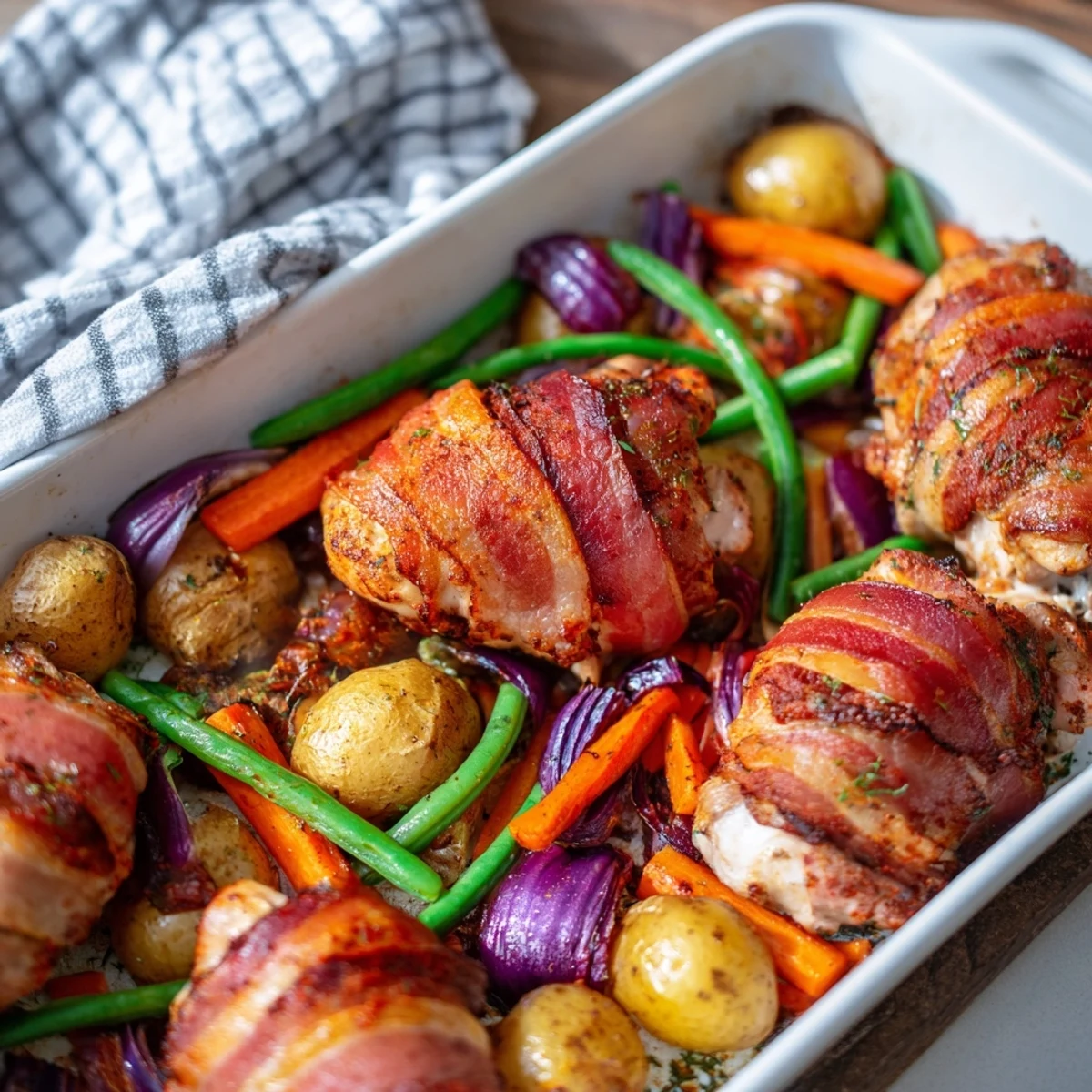 Crispy bacon encloses juicy seasoned chicken thighs surrounded by tender roasted vegetables in this easy gluten-free tray bake dinner