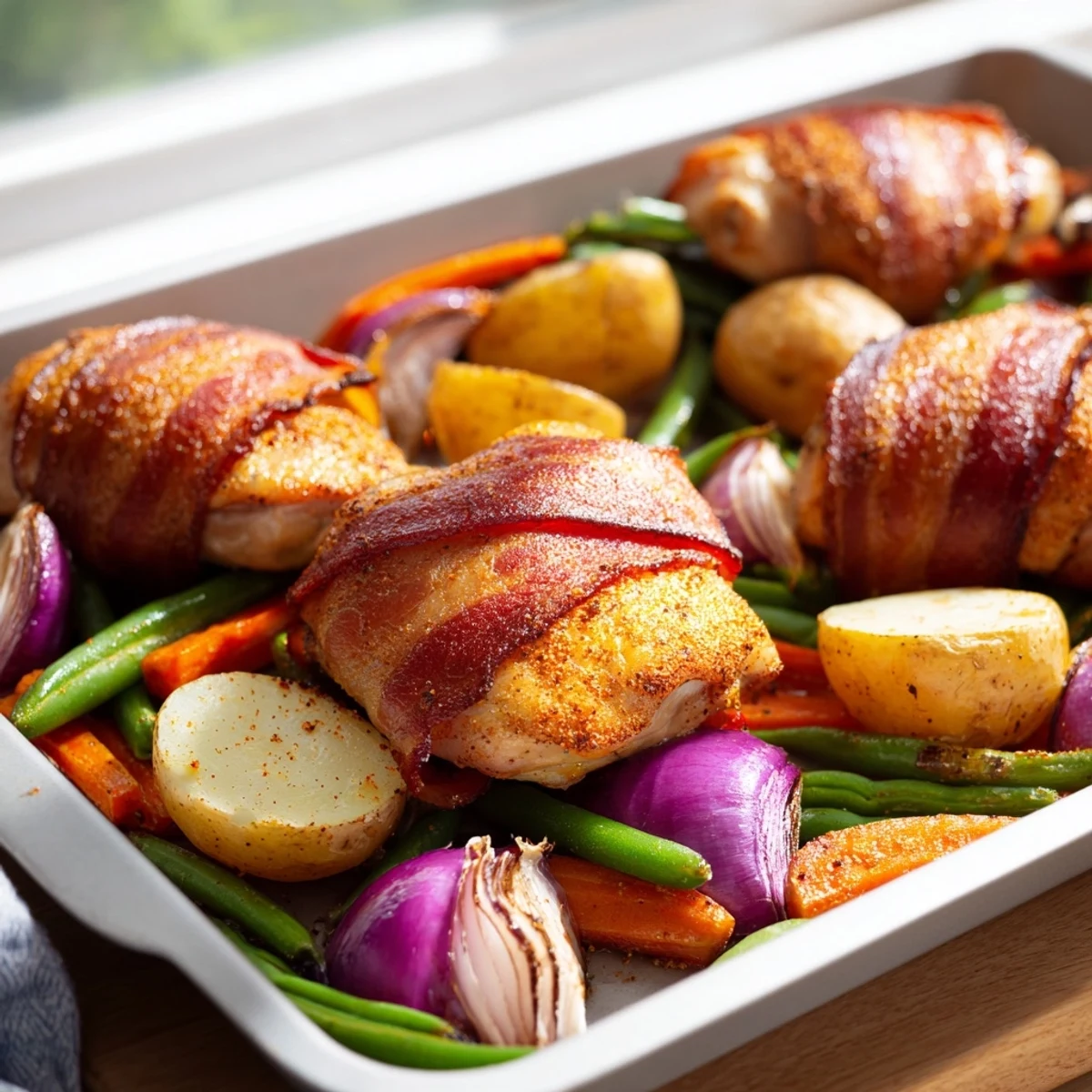 Golden bacon wrapped chicken thigh tray bake roasted with colorful baby potatoes, carrots, and green beans on a single baking sheet