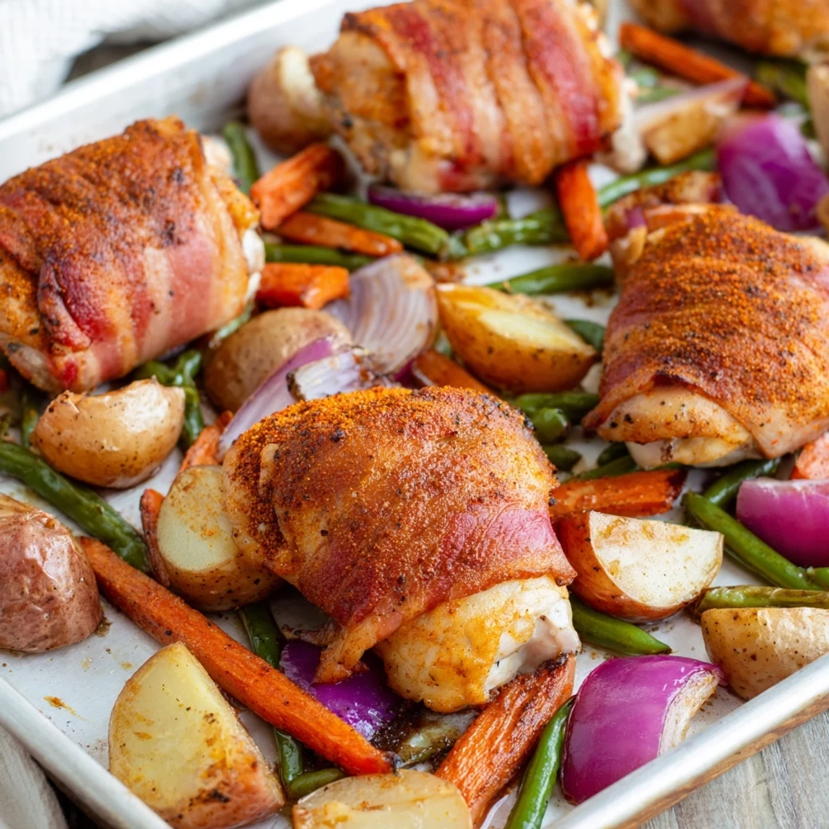 Oven-roasted bacon wrapped chicken thighs arranged atop caramelized potatoes, carrots, and red onion wedges for a hearty one-pan family meal