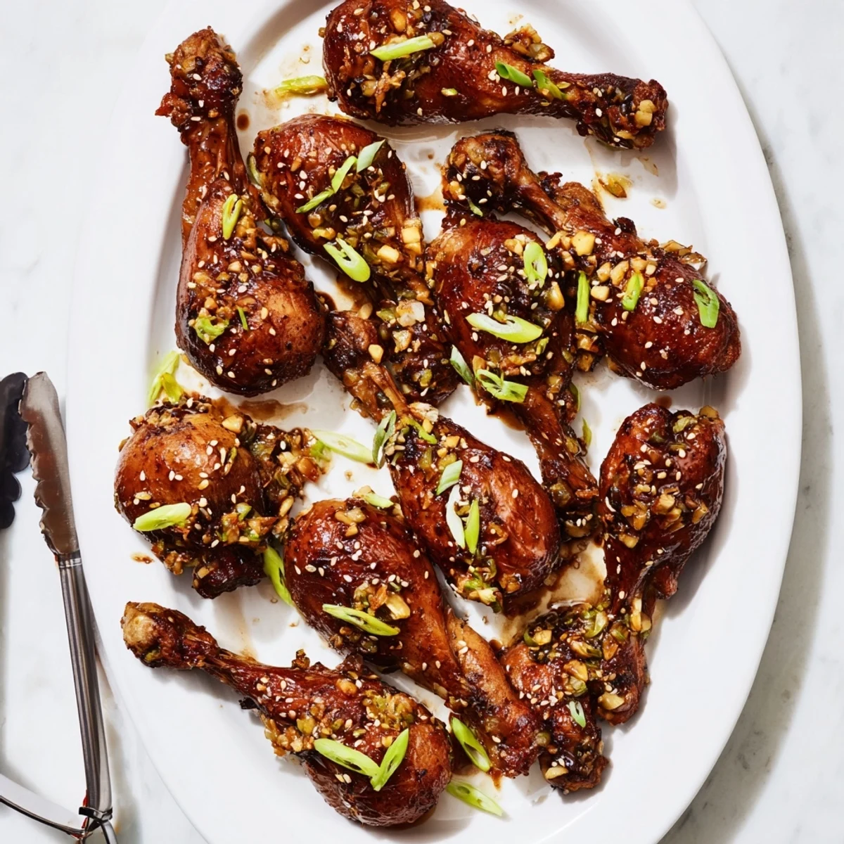 Tender slow cooker Asian glazed chicken drumsticks coated in shiny caramelized sauce with sesame seeds