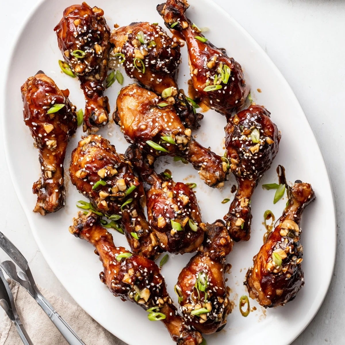 Savory Asian glazed chicken drumsticks slow-cooked to perfection with scallion garnish on white platter