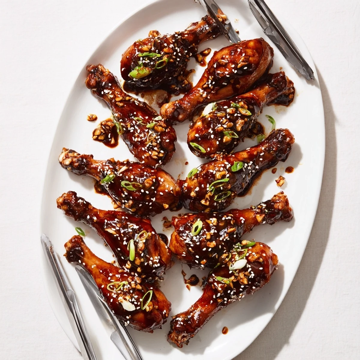 Fall-off-the-bone chicken drumsticks in sweet Asian glaze brushed generously and sprinkled with sesame seeds