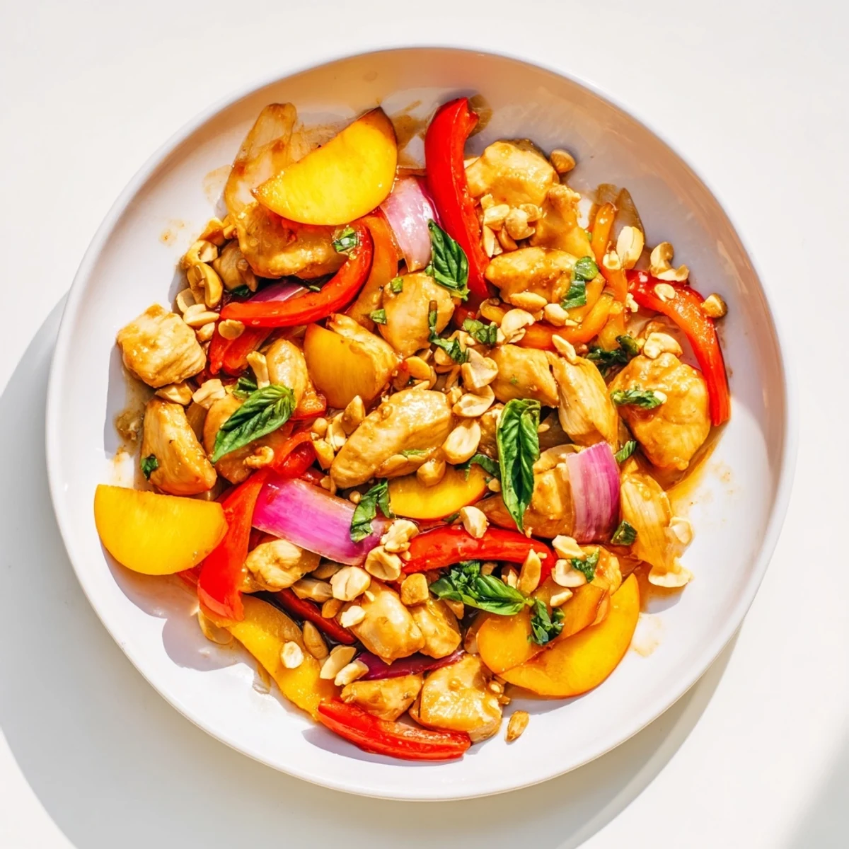 Golden Thai peach chicken simmering with colorful bell peppers in sweet spicy sauce garnished with fresh Thai basil