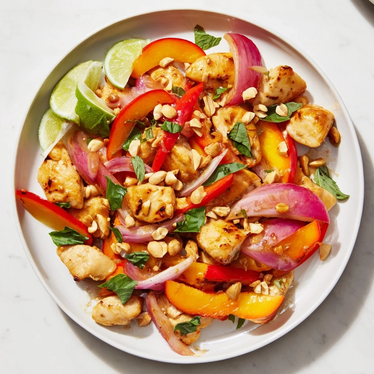 Juicy chicken pieces coated in aromatic Thai peach glaze served over steamed jasmine rice with roasted peanuts